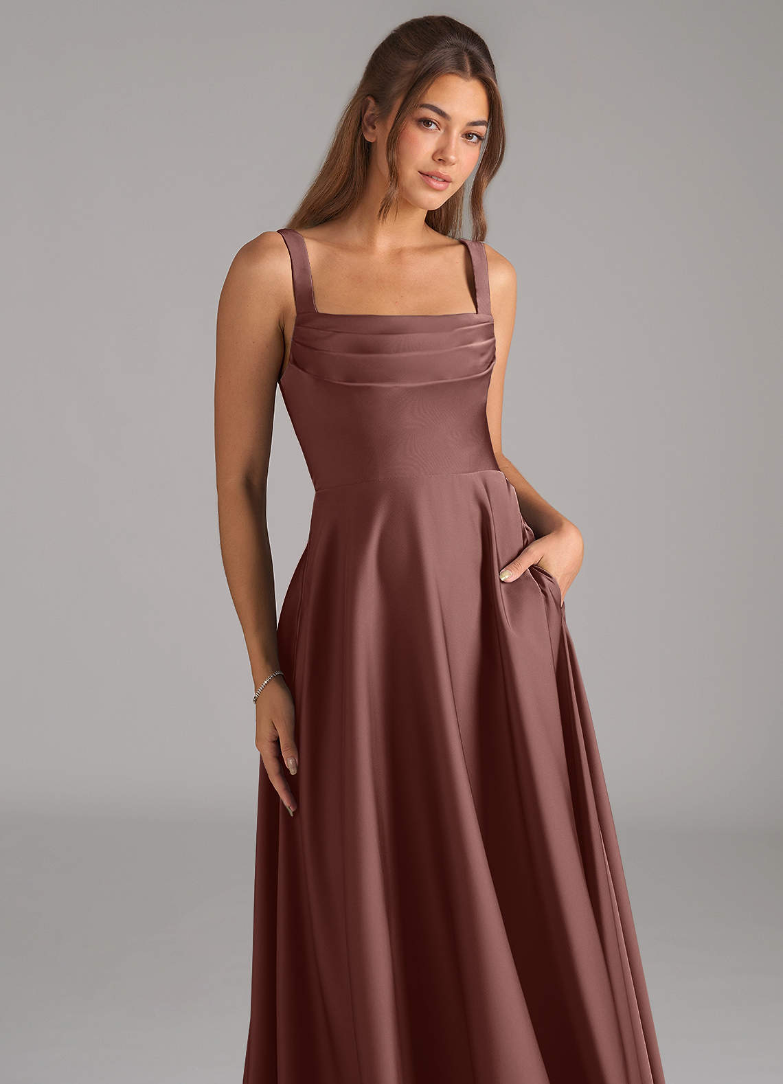 Shaude A-Line Square-Neck Stretch Satin Bridesmaid Dress in Espresso