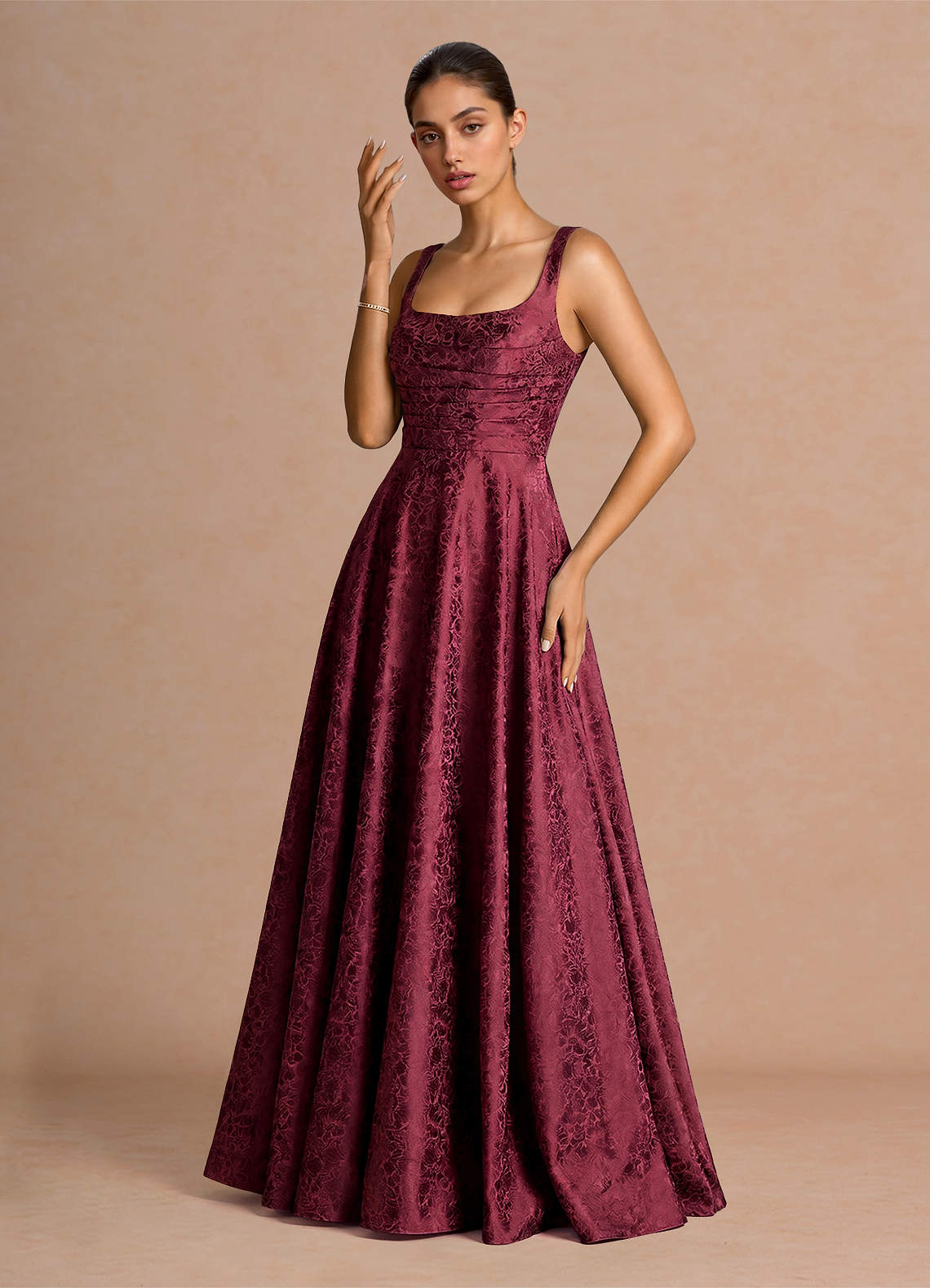 Elowena A-Line Square-Neck Satin Jacquard Evening Dress in Wine