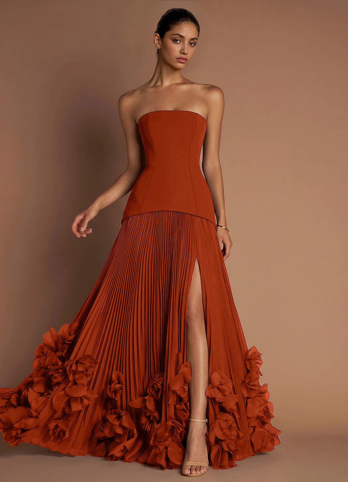 Marnie A-Line Corset Crepe Chiffon Evening Dress in Paprika