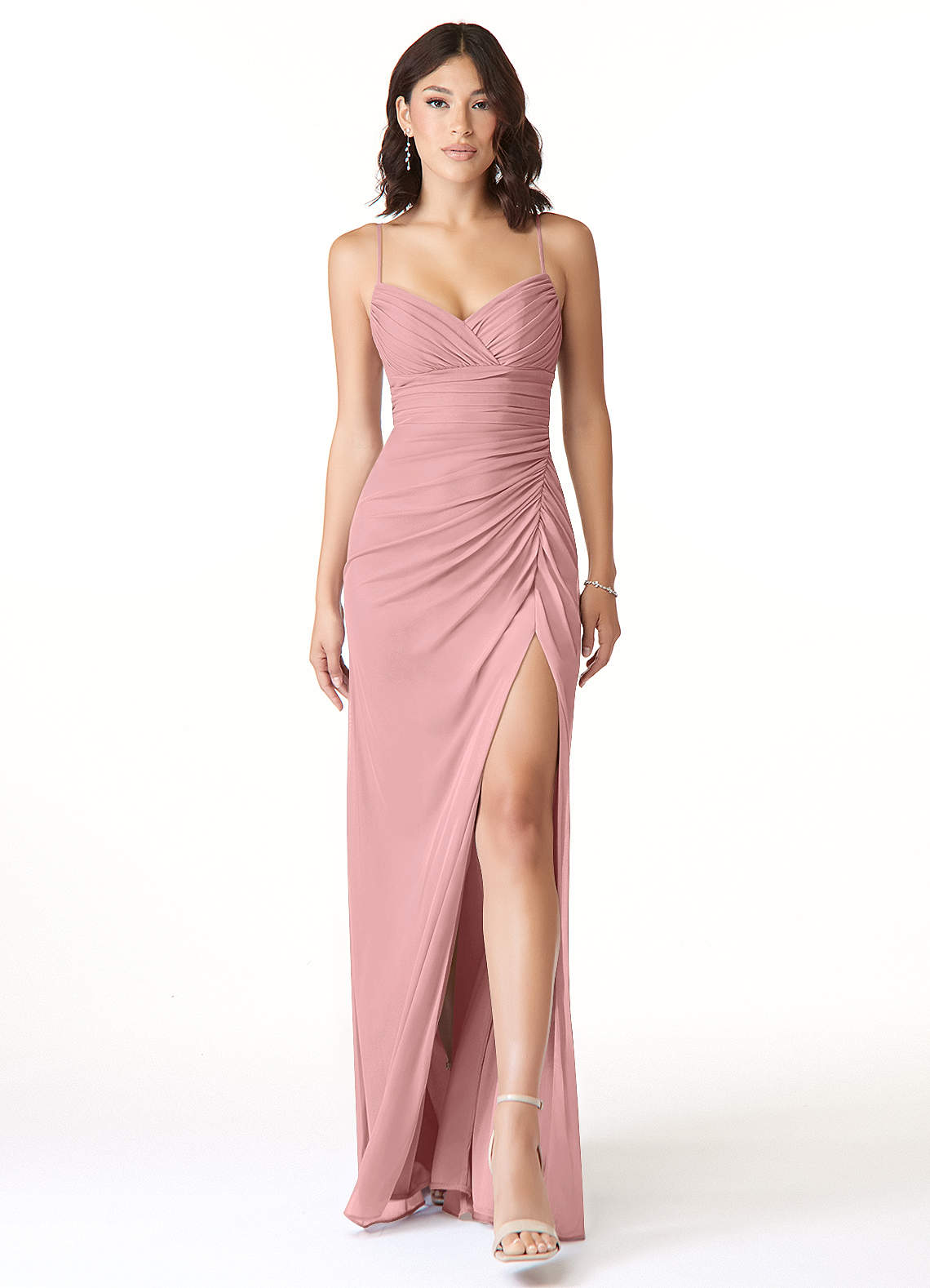 Reneya Mermaid V-Neck Mesh Bridesmaid Dress in dusty rose