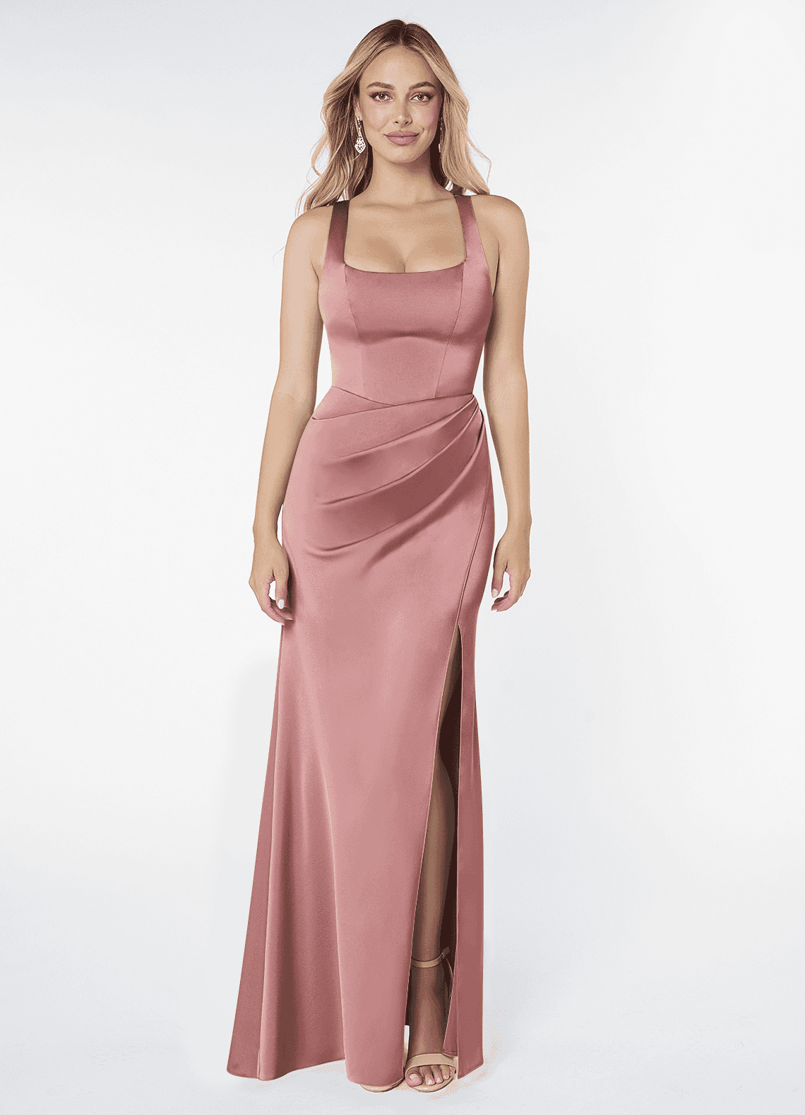 Mero Mermaid Square-Neck Stretch Satin Bridesmaid Dress in dusty rose