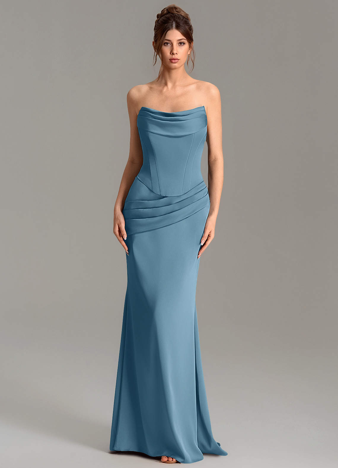 Adrienne Mermaid Cowl-Neck Stretch Satin Bridesmaid Dress in Bermuda