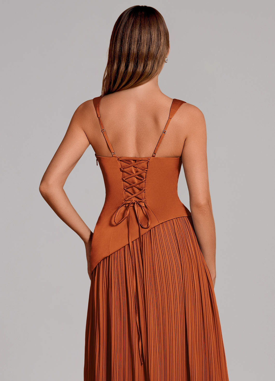 Stephanie A-Line Square-Neck Stretch Satin and Chiffon Bridesmaid Dress in Cinnamon