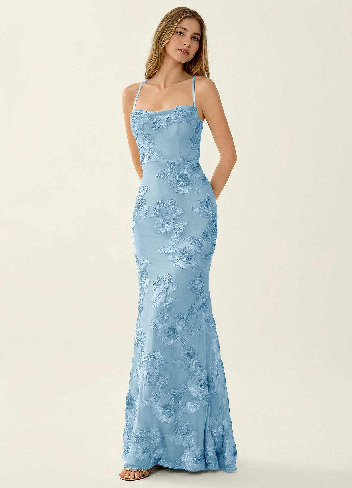 Kailani Mermaid Spaghetti-Strap Lace Evening Dress in Sky Blue