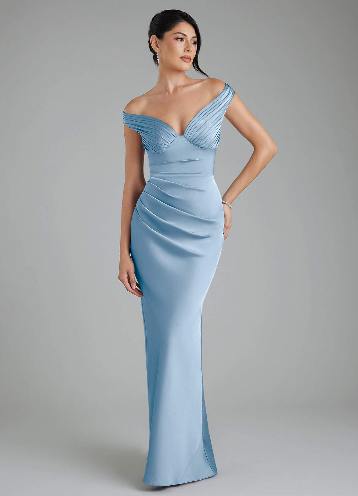 Stella Sheath V-Neck Stretch Satin Bridesmaid Dress in Powder Blue
