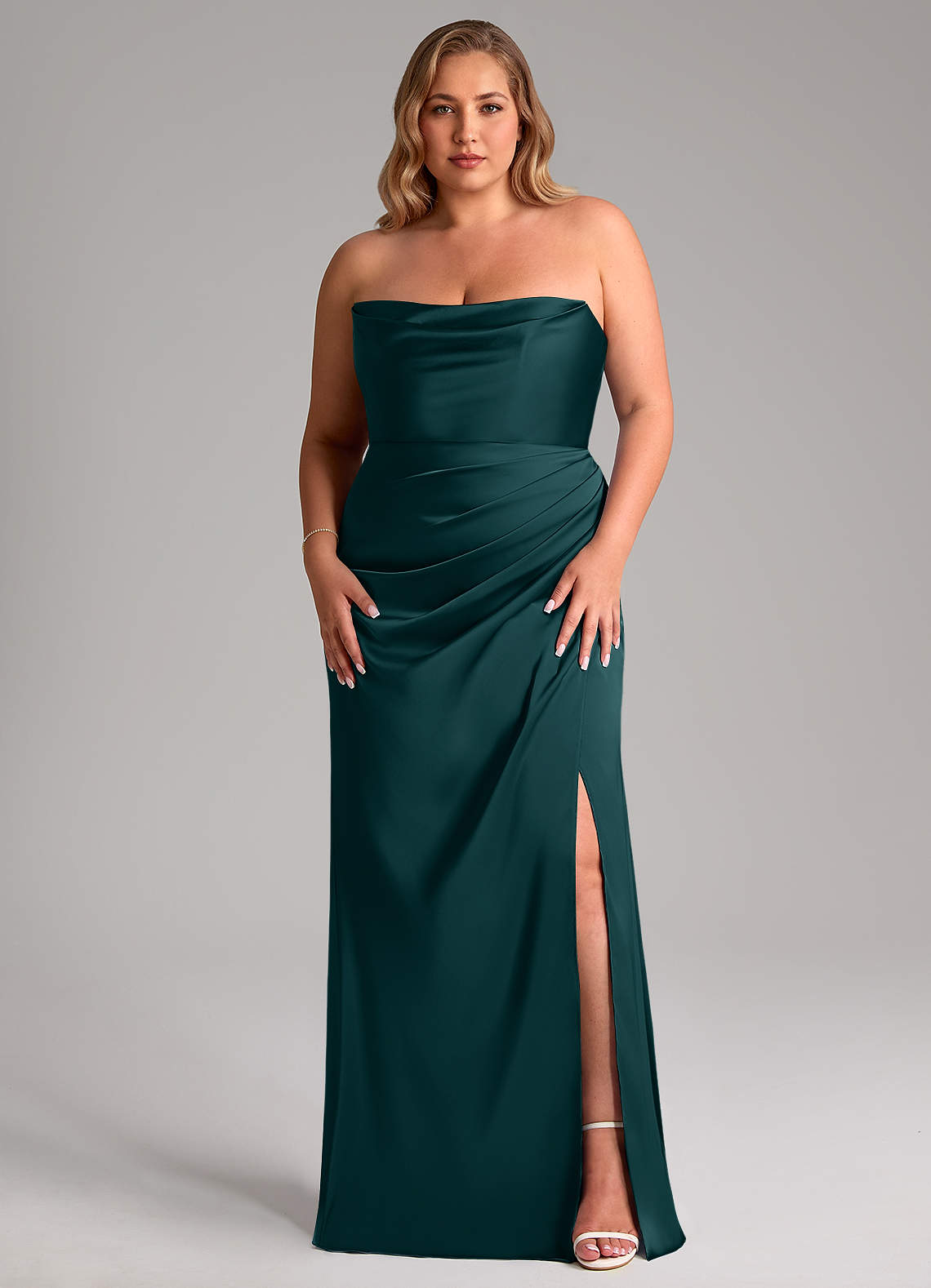 Leonis Mermaid Cowl-Neck Stretch Satin Bridesmaid Dress in Pine