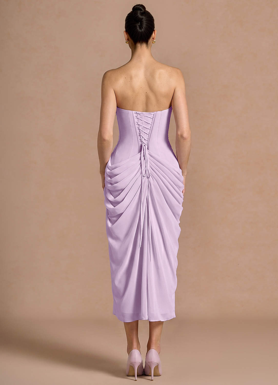 Kaavia Column Pleated Chiffon Midi Evening Dress in Frosted Lilac