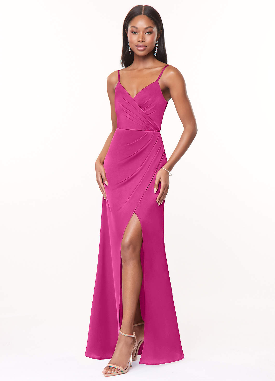 Maci A-Line V-Neck Stretch Satin Bridesmaid Dress in Fuchsia