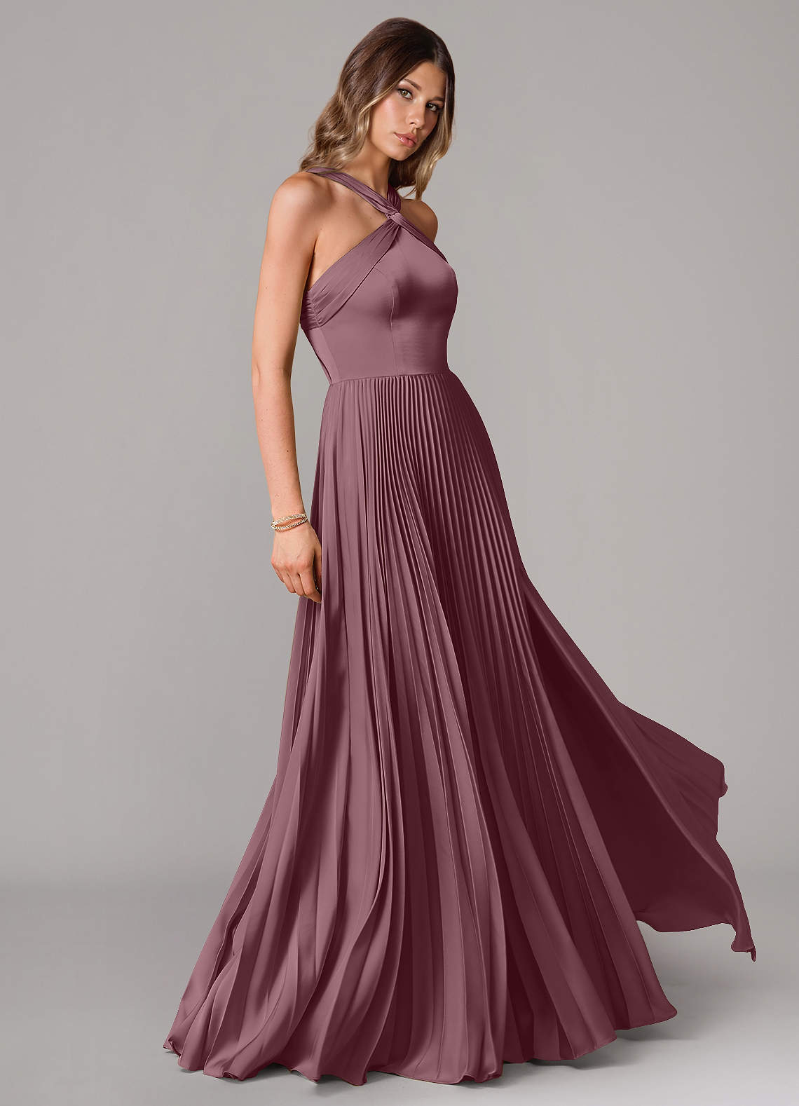 Afra A-Line Halter-Neck Stretch Satin Bridesmaid Dress in Amethyst