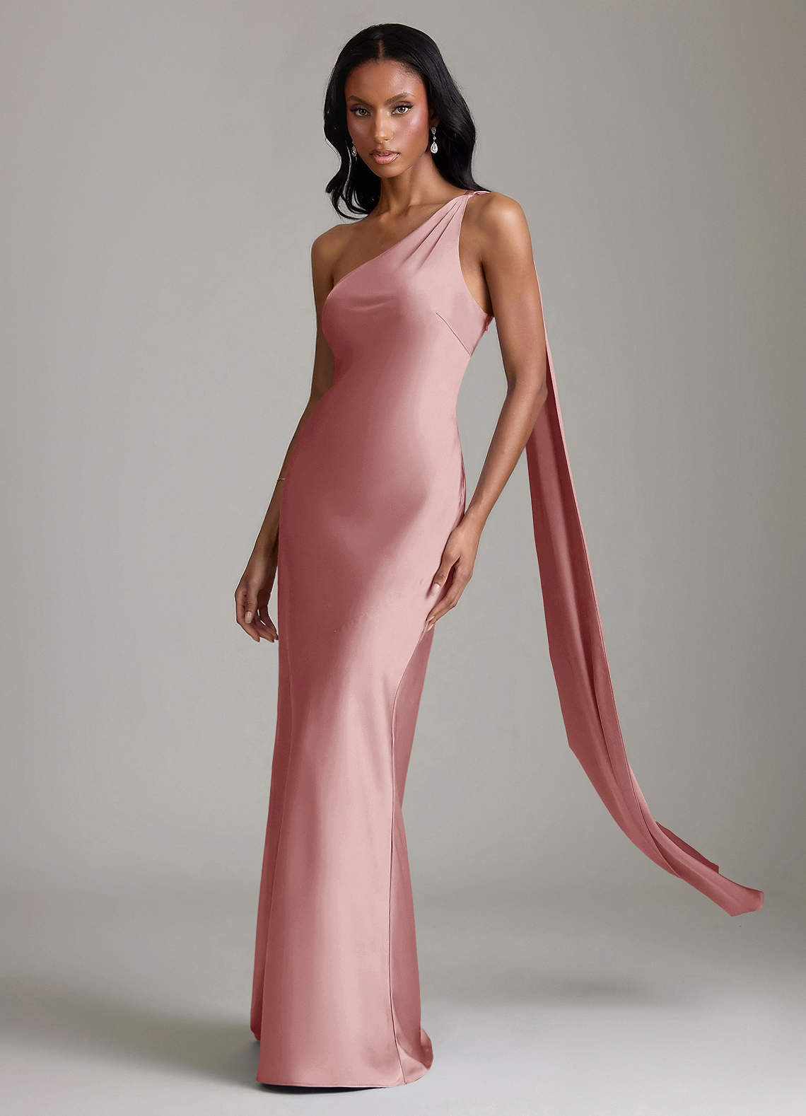 Juniper Mermaid One-Shoulder Stretch Satin Bridesmaid Dress in dusty rose