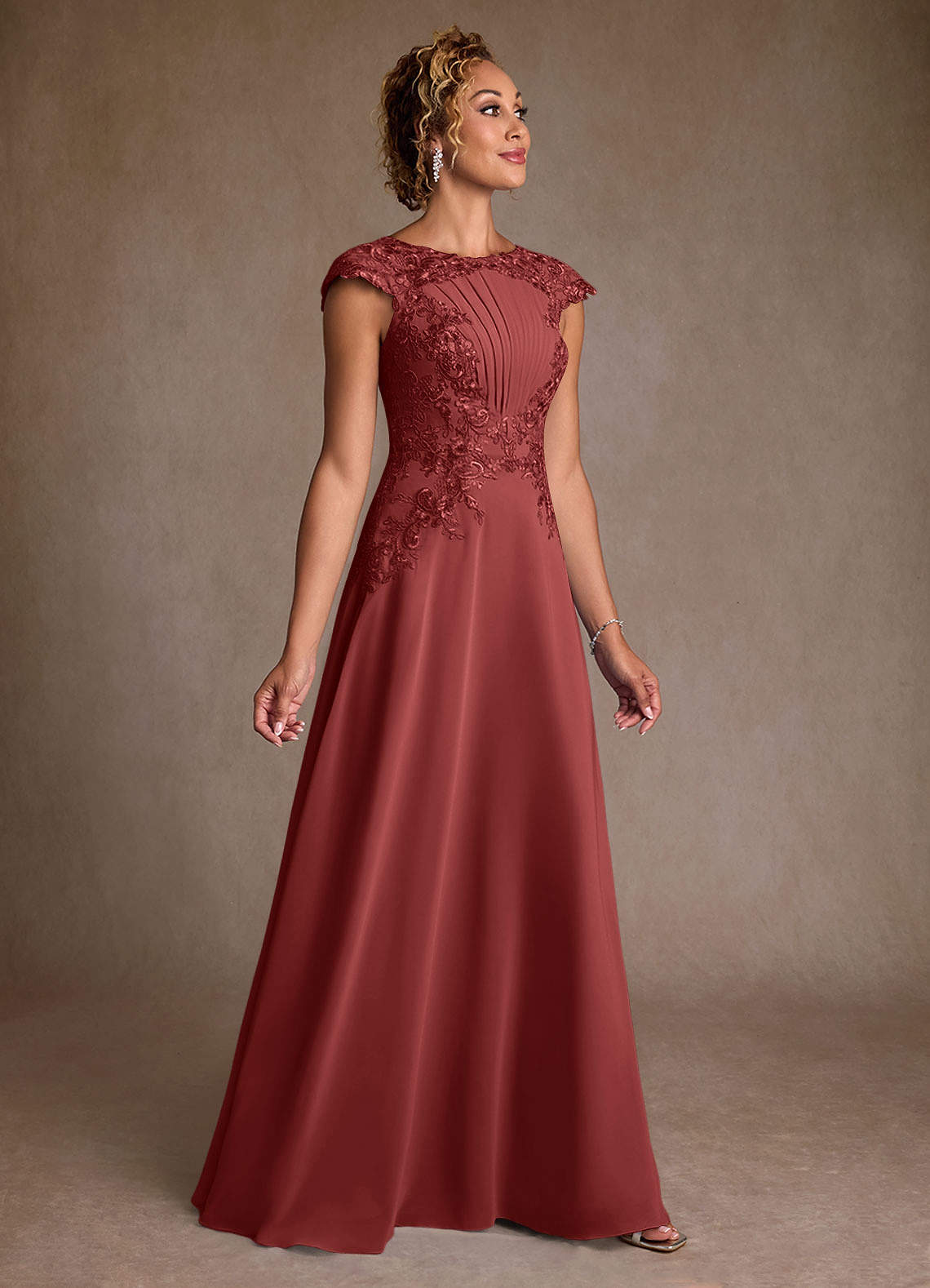 Christi A-Line Scoop-Neck Chiffon and Lace Mother of the Bride Dress in Terracotta