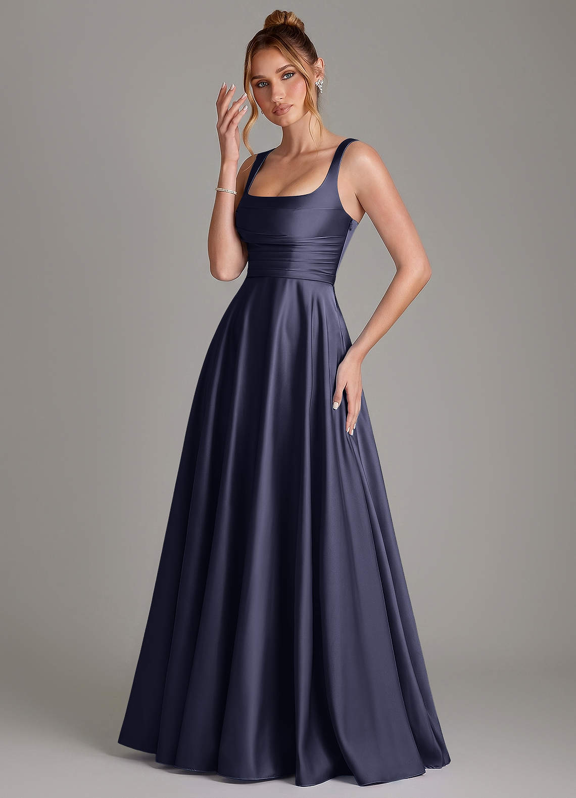 Azaria A-Line Square-Neck Stretch Satin Bridesmaid Dress in Stormy
