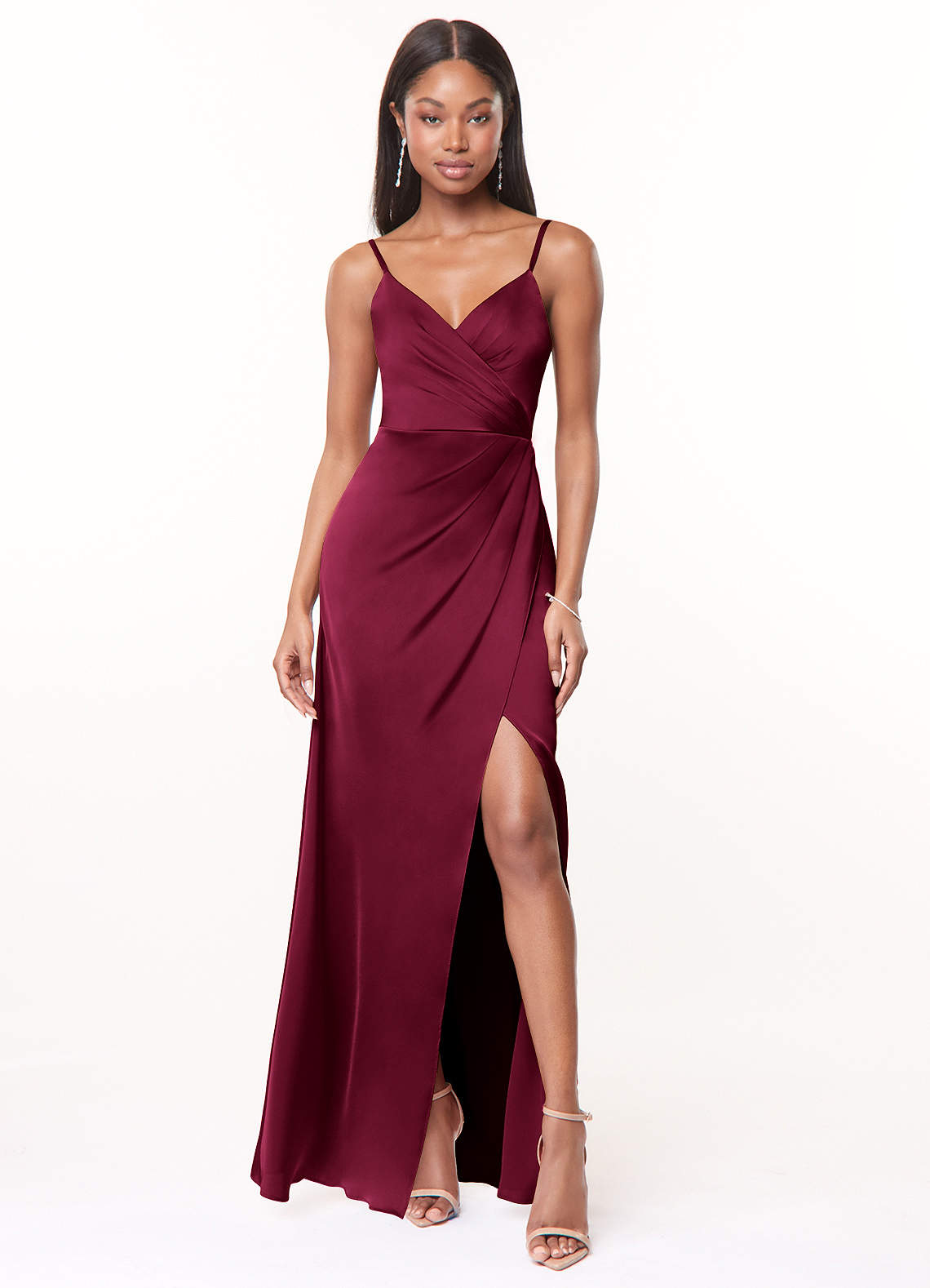 Maci A-Line V-Neck Stretch Satin Bridesmaid Dress in Burgundy