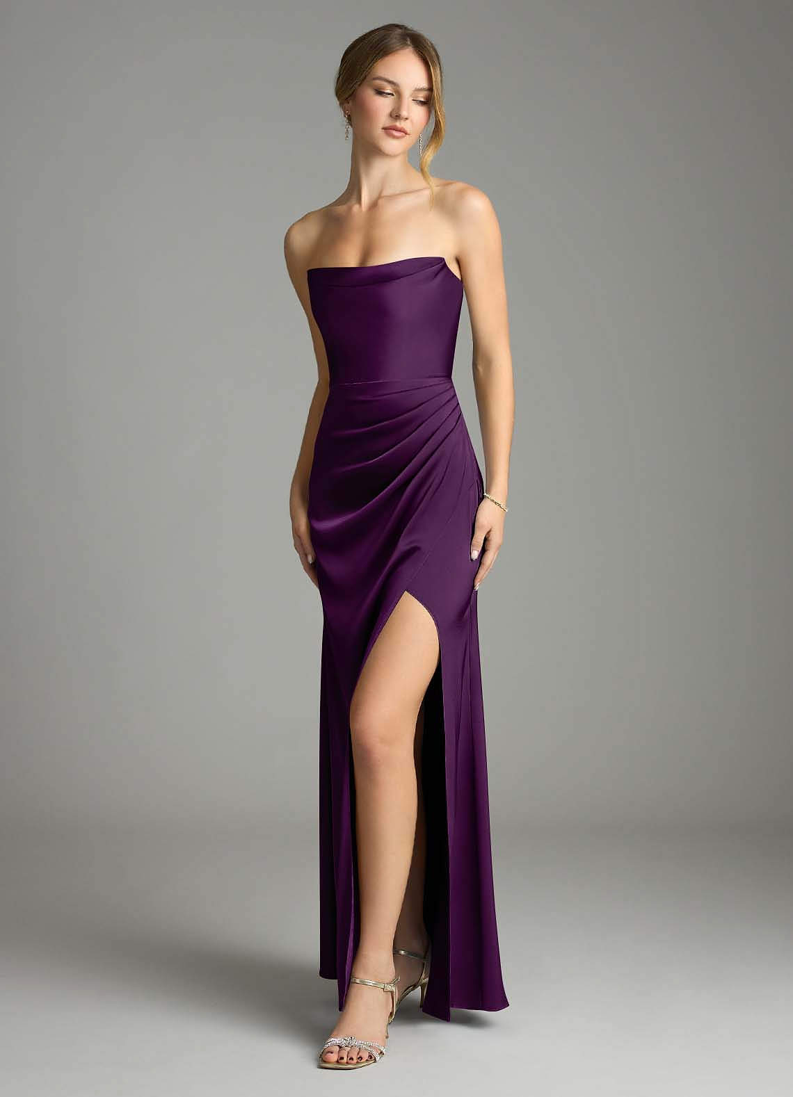 Leonis Mermaid Cowl-Neck Stretch Satin Bridesmaid Dress in Grape