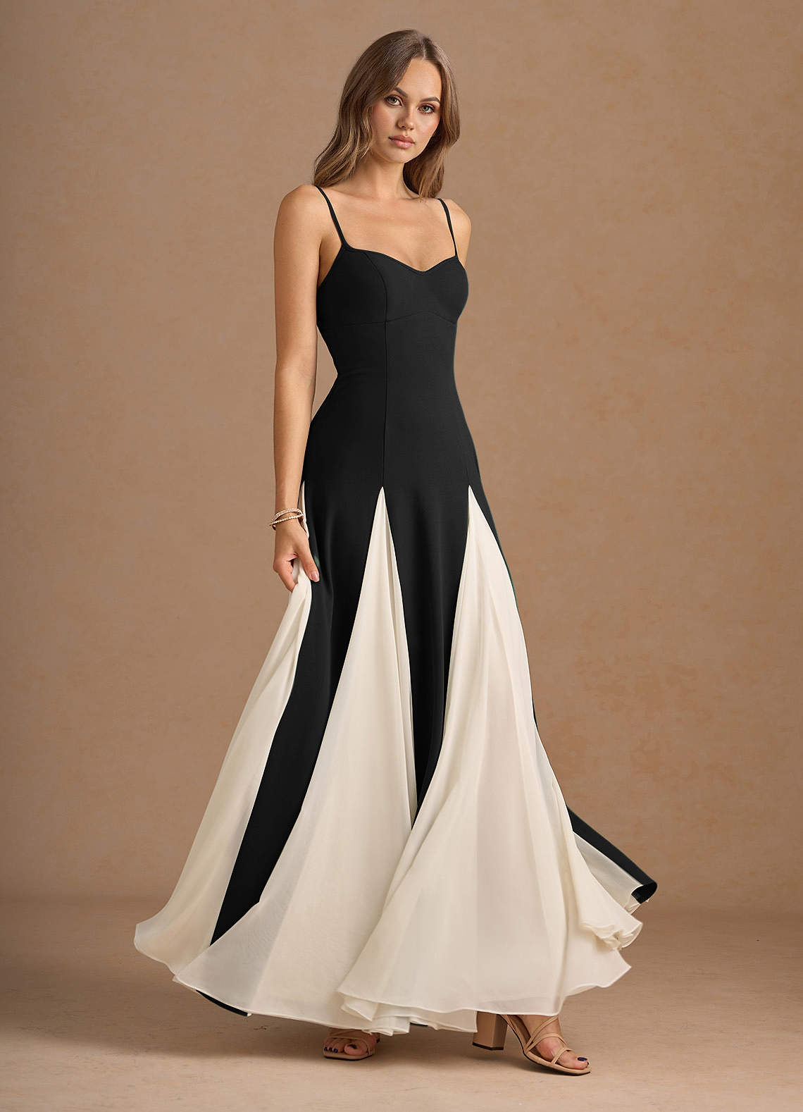 Jessenia A-Line Color-Block Crepe Chiffon Wedding Guest Dress in Black