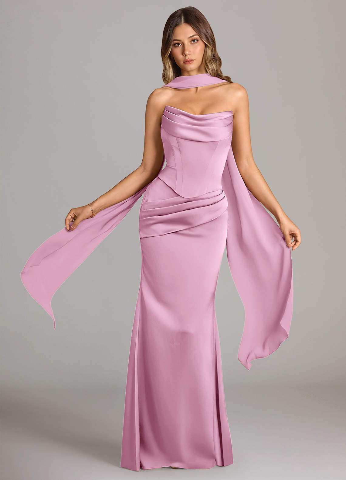 Sorrel Mermaid Cowl-Neck Stretch Satin and Chiffon Bridesmaid Dress in candy pink