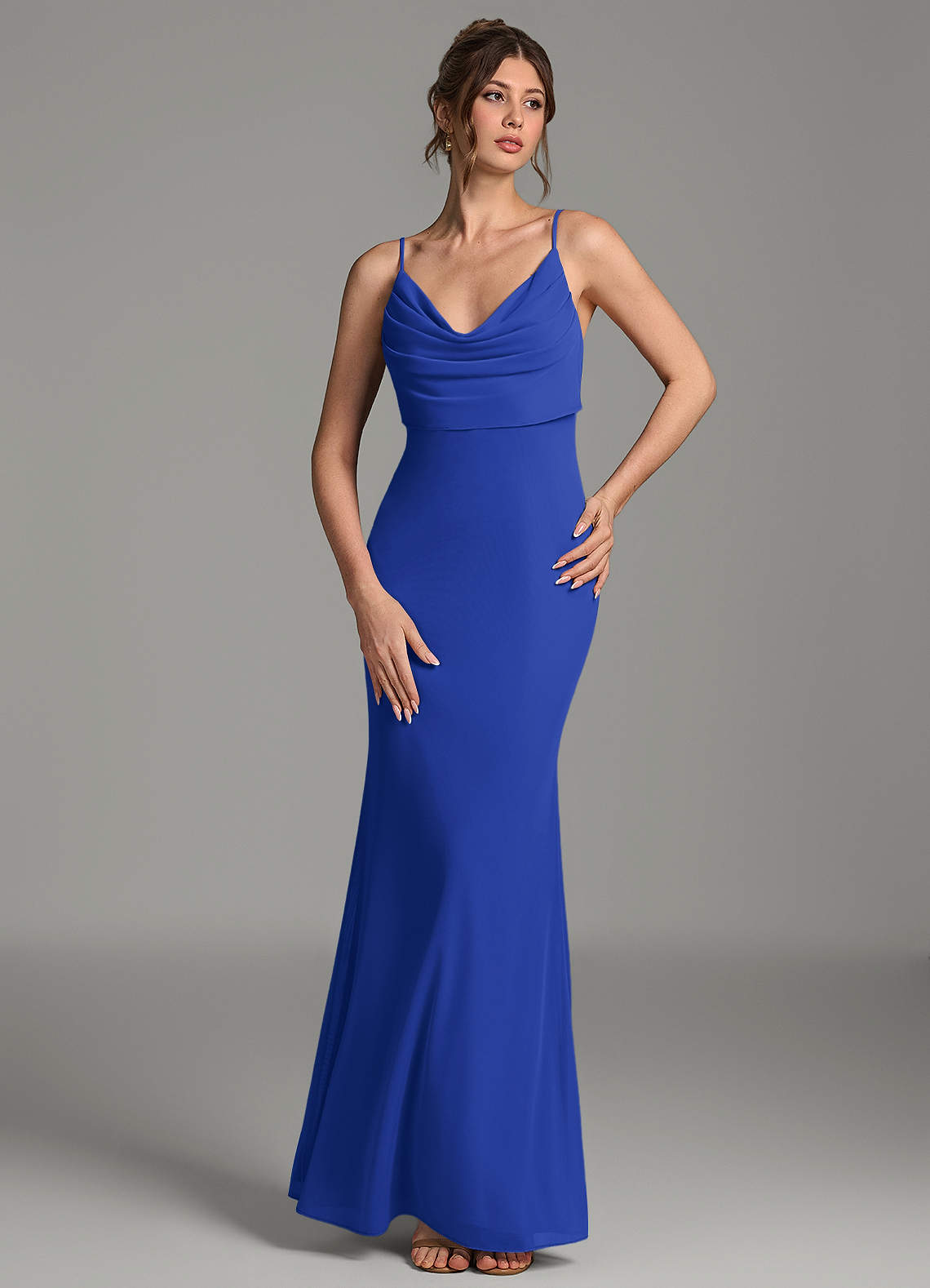 Zari Mermaid Cowl-Neck Mesh Bridesmaid Dress in Royal Blue
