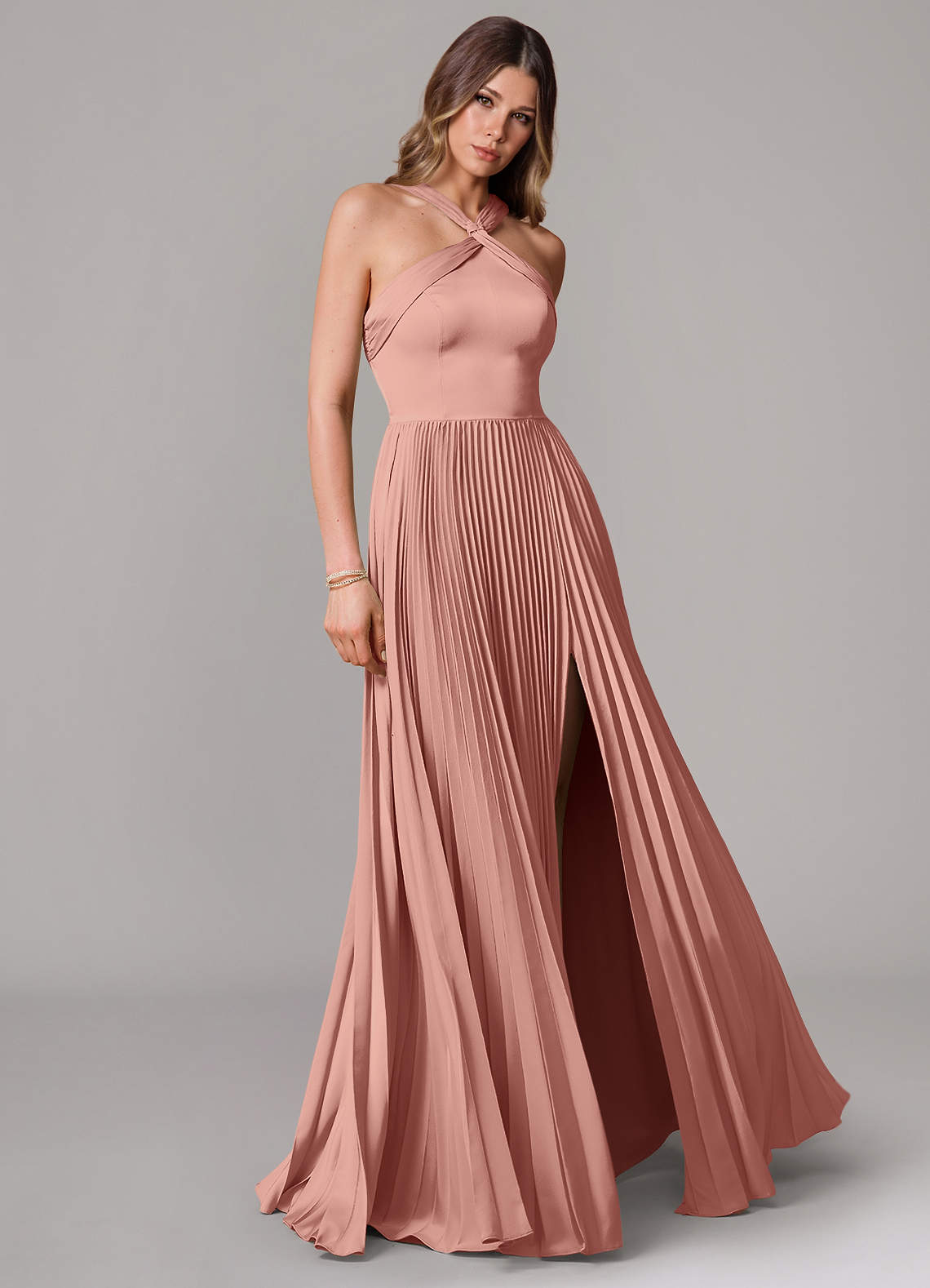 Afra A-Line Halter-Neck Stretch Satin Bridesmaid Dress in Rosette