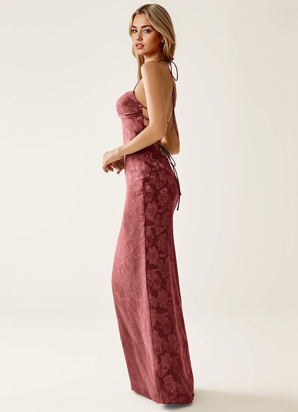 Angena Sheath Halter Floral Burnout Evening Dress in Vintage Rose