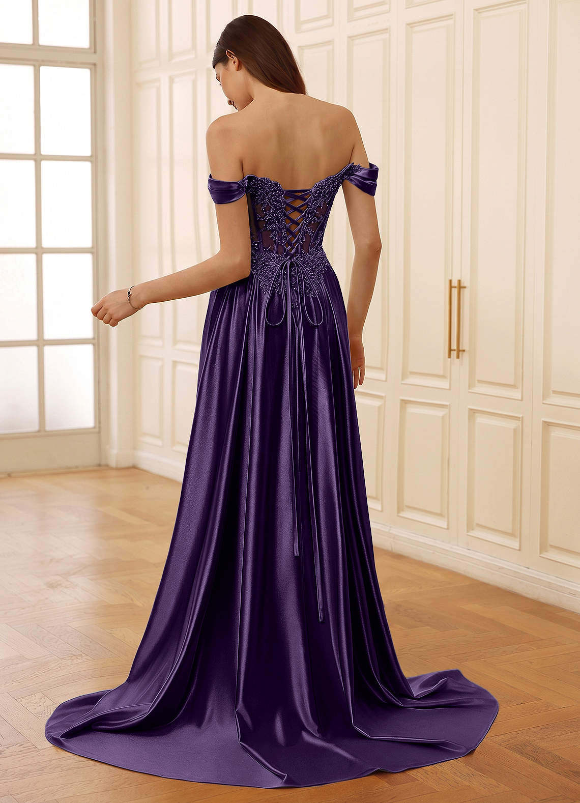Rowane A-Line Off-the-Shoulder Satin Evening Dress in Plum