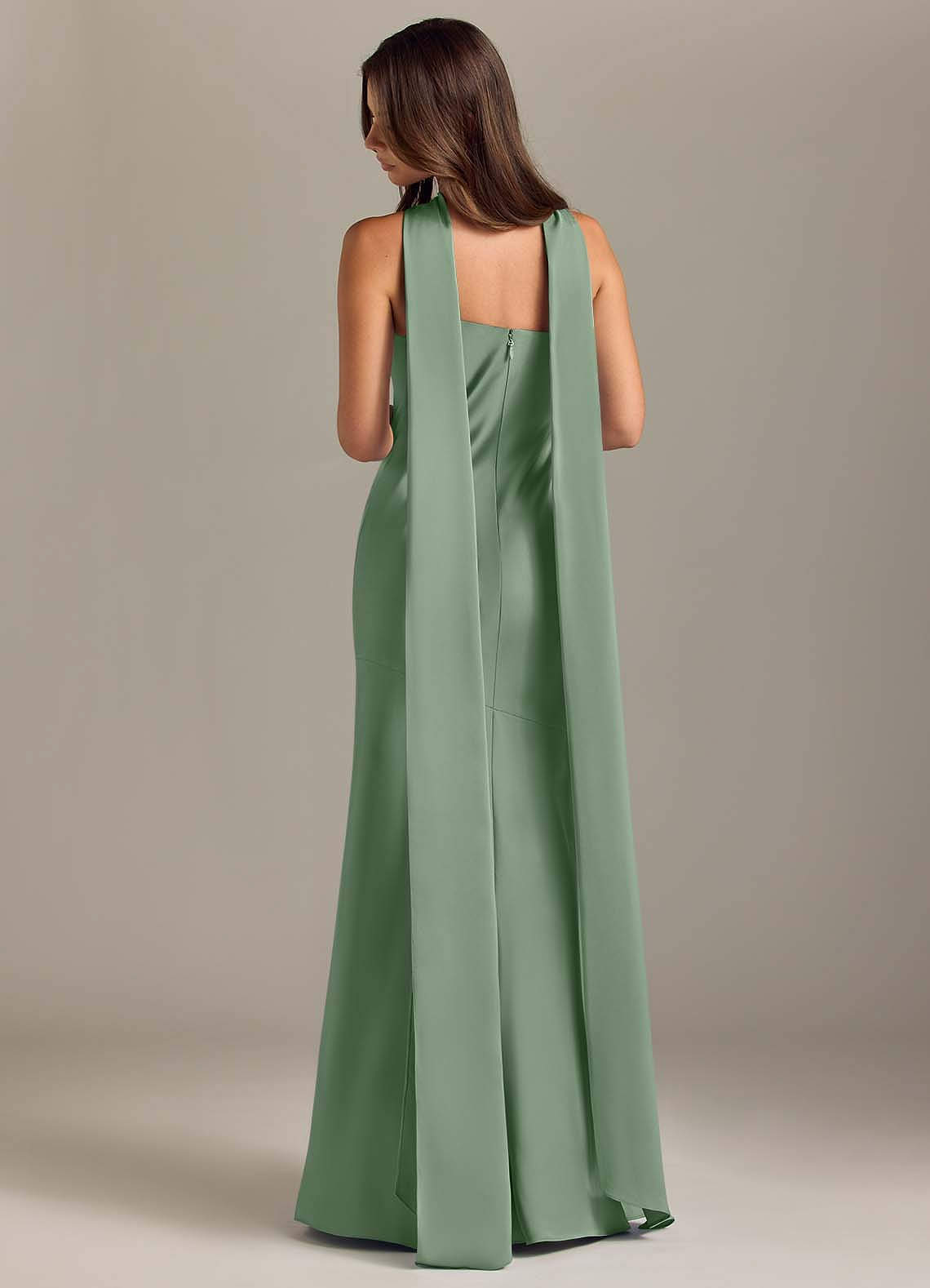 Kinsley Mermaid Halter Stretch Satin Bridesmaid Dress in Matcha