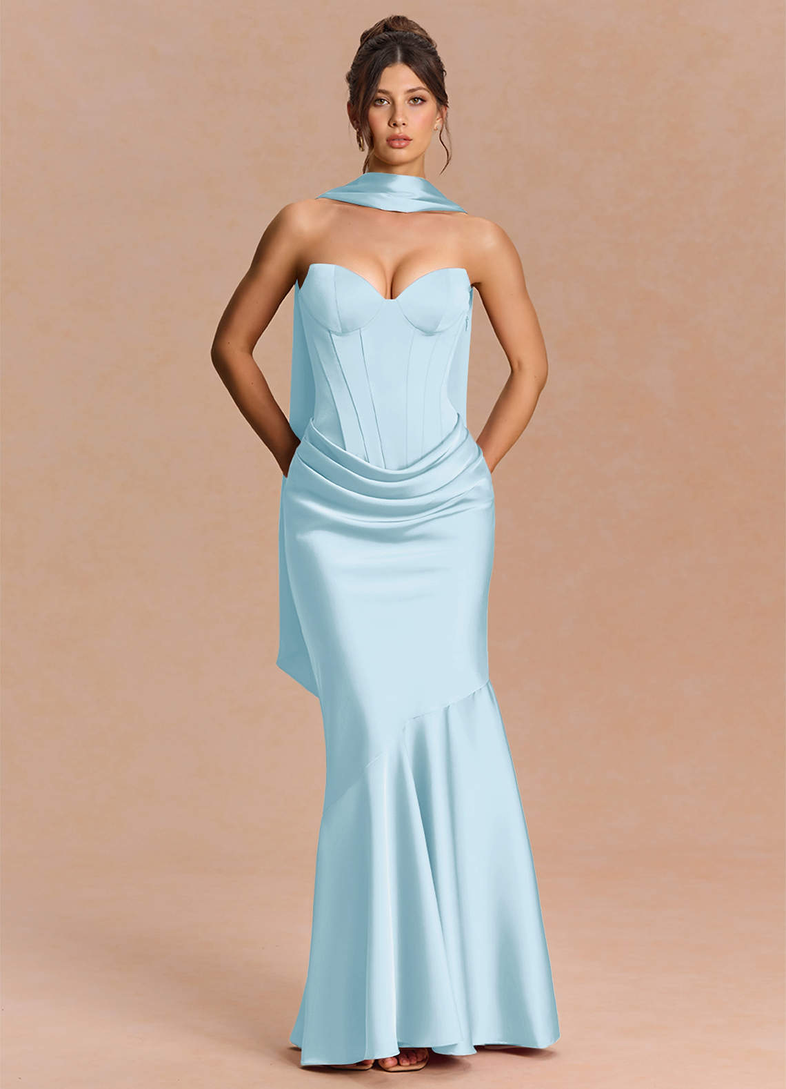 Euphemia Mermaid Strapless Stretch Satin Evening Dress in Sky Blue