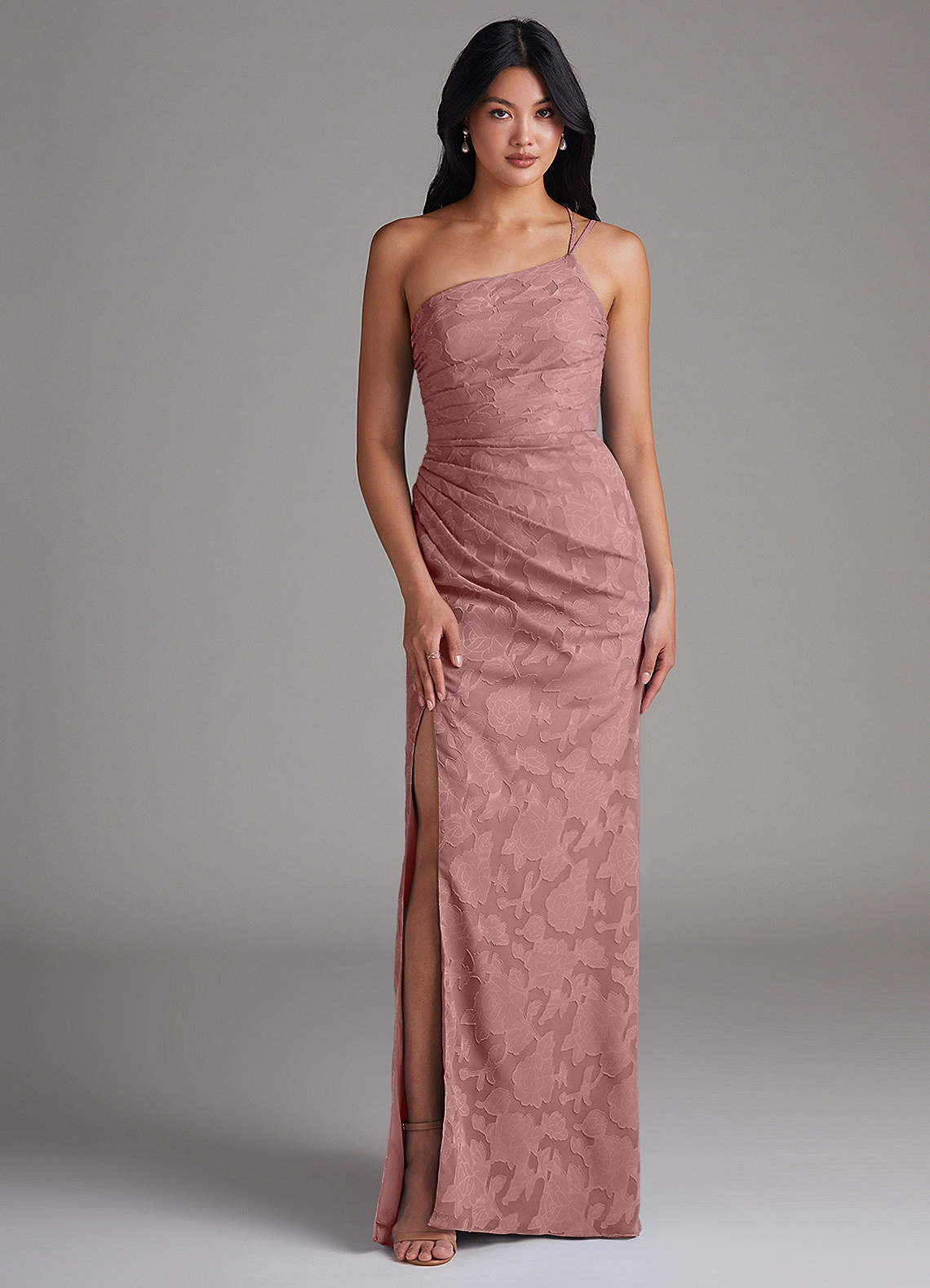 Eren Sheath One-Shoulder Floral Burnout Bridesmaid Dress in dusty rose