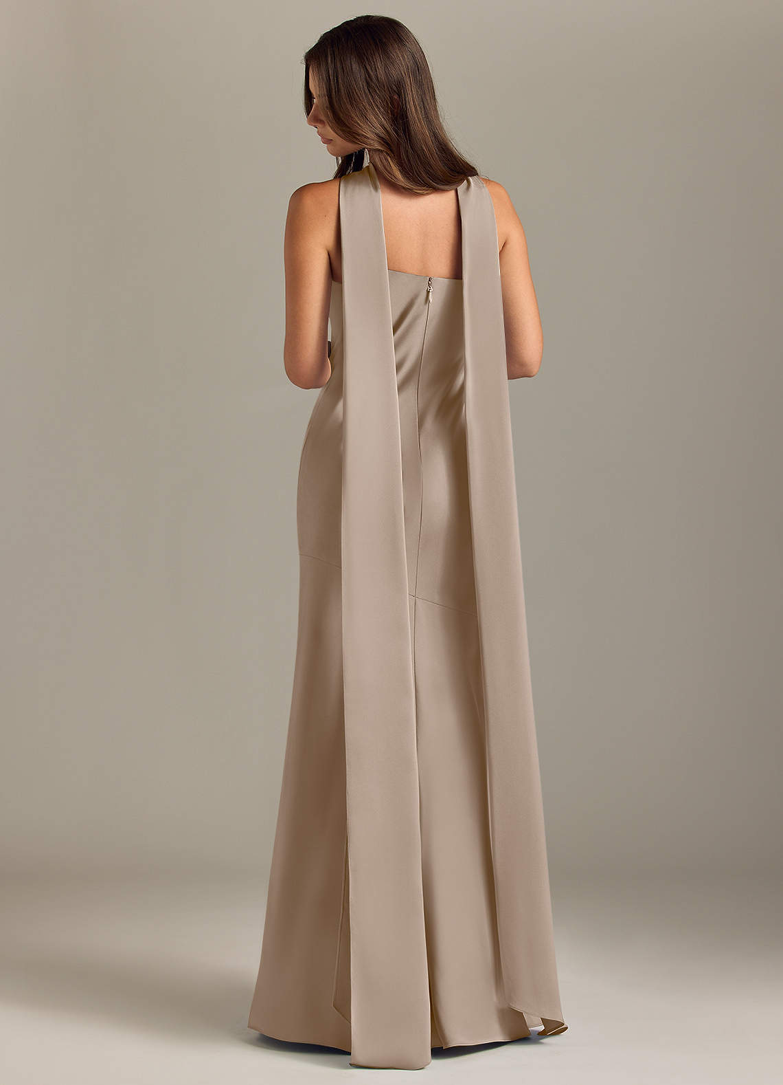 Kinsley Mermaid Halter Stretch Satin Bridesmaid Dress in Taupe