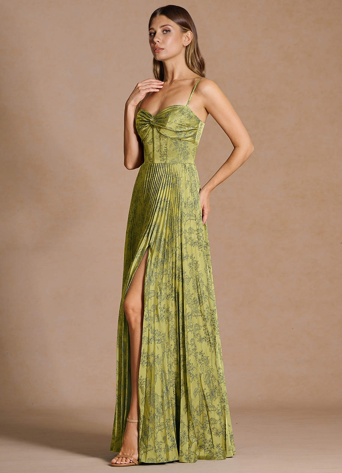 Vesper Pleated Knot-Neck Jacquard Wedding Guest Dress in Moss Navy