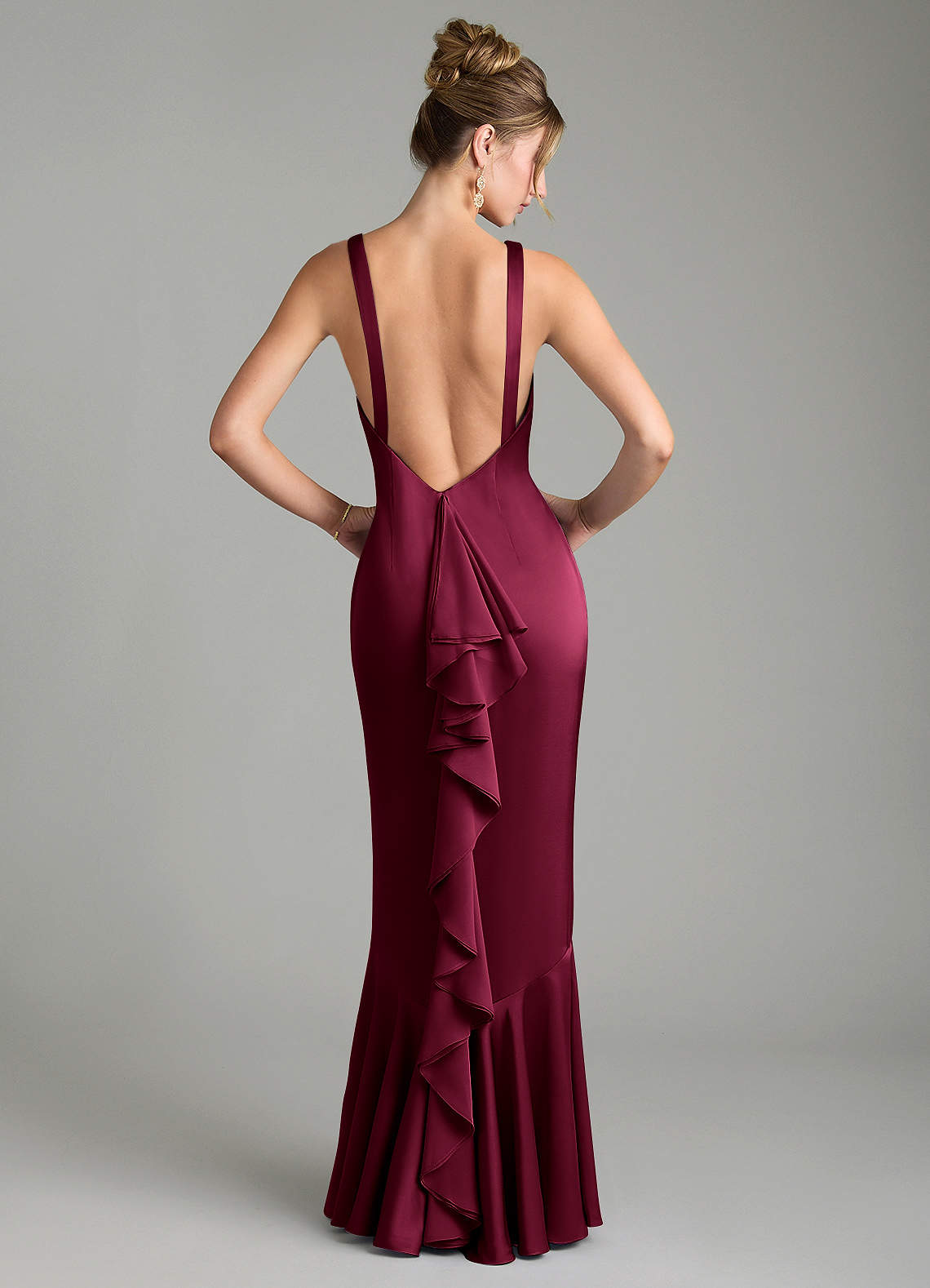 Tamera Mermaid Boat-Neck Stretch Satin and Chiffon Bridesmaid Dress in Burgundy