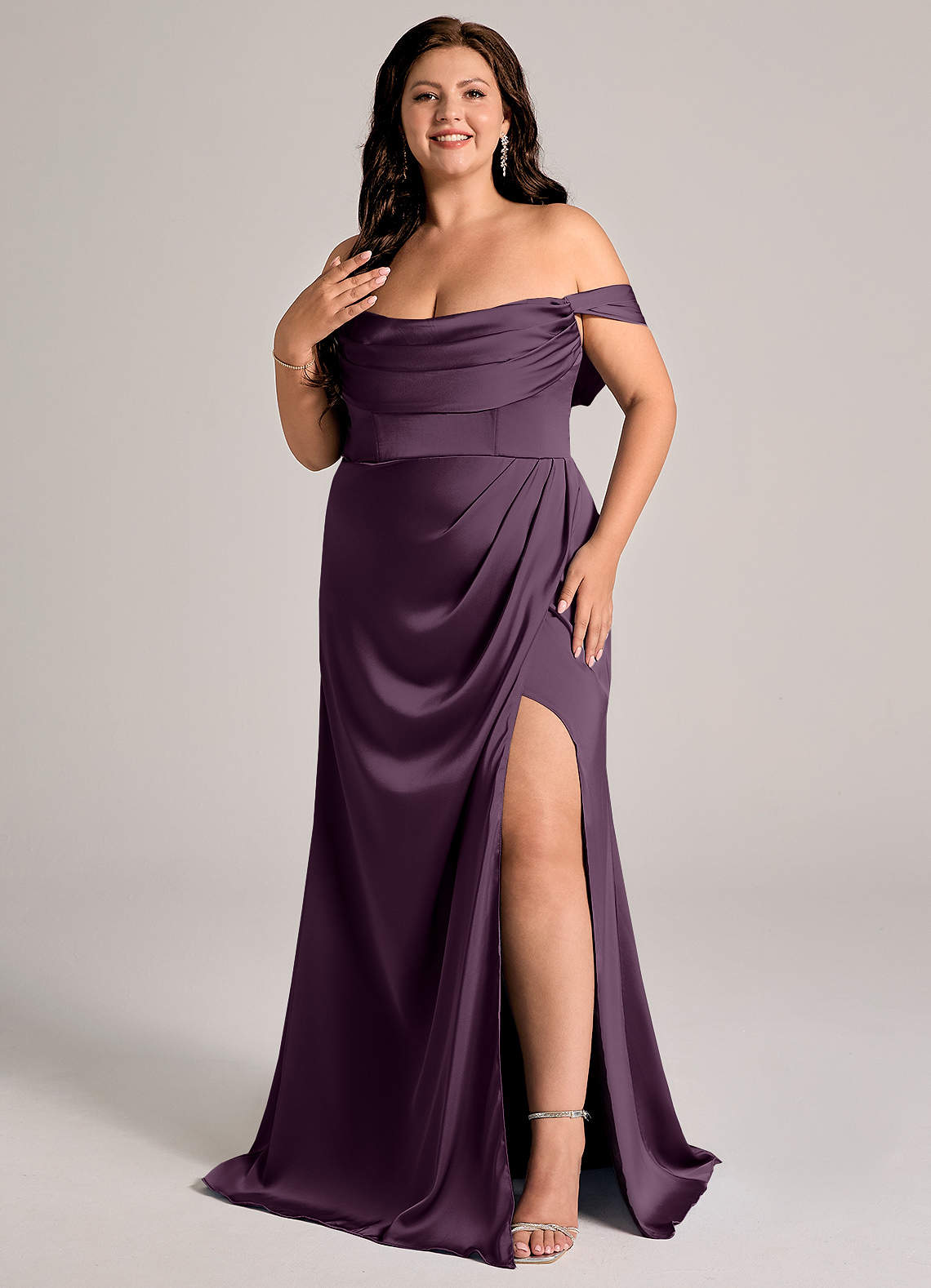 Johana Mermaid Off-the-Shoulder Stretch Satin Bridesmaid Dress in Plum