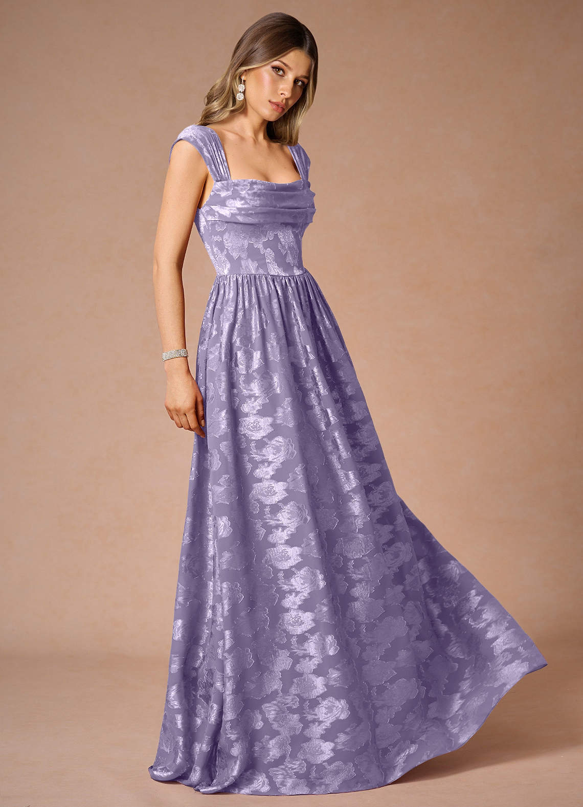 Hazel A-Line Cowl-Neck Fil Coupé Wedding Guest Dress in Lilac