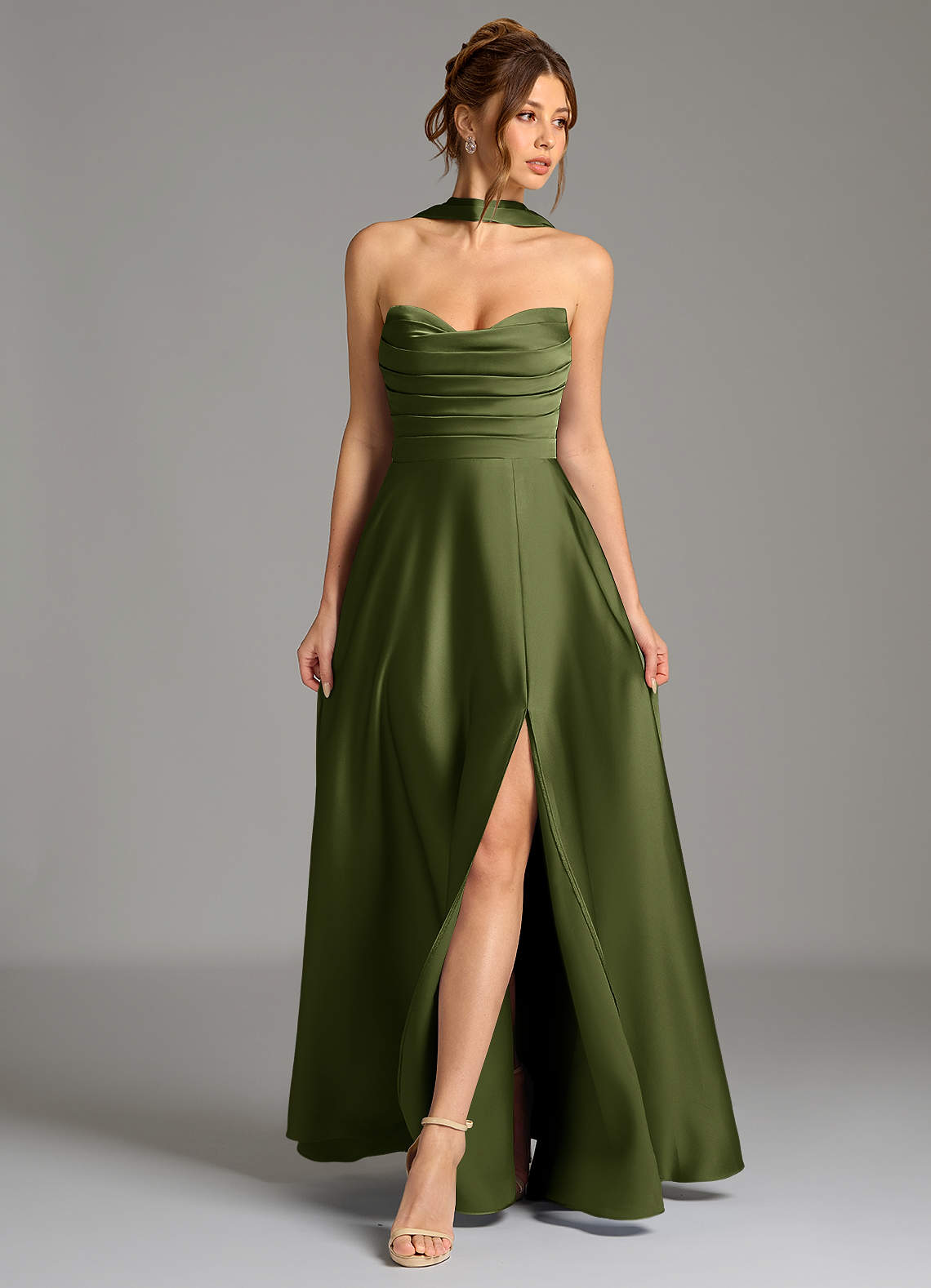 Ayla A-Line Sweetheart Stretch Satin Bridesmaid Dress in Olive