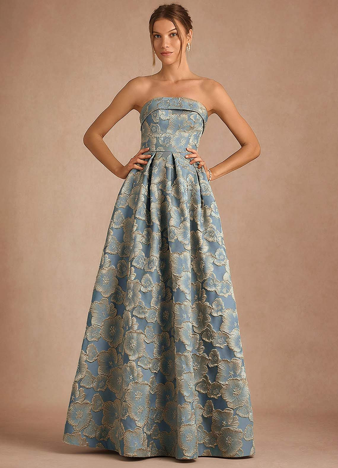 Florentine A-Line Bandeau Jacquard Taffeta Evening Dress in Black