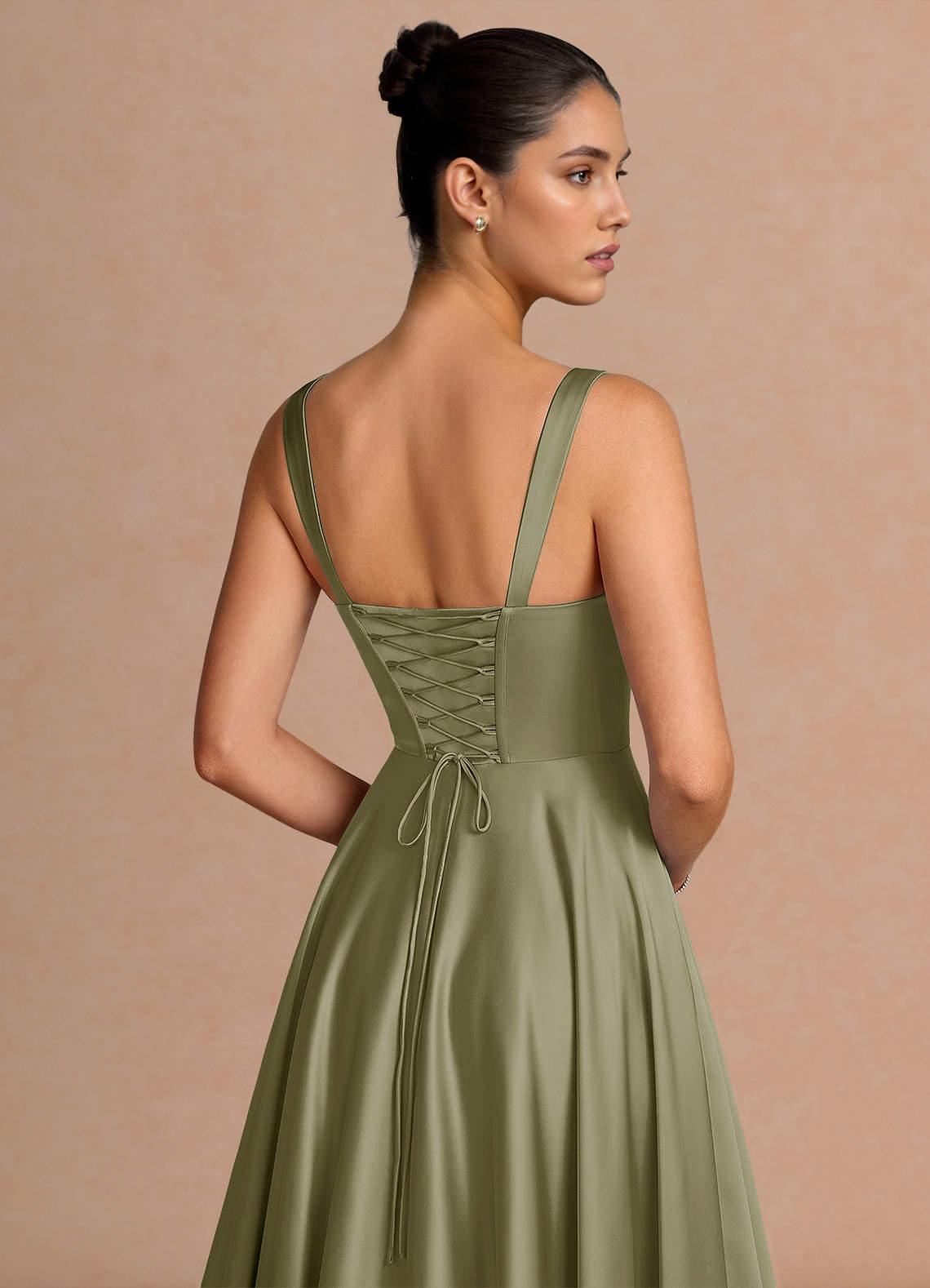 Azaria A-Line Square-Neck Stretch Satin Wedding Guest Dress in Pistachio