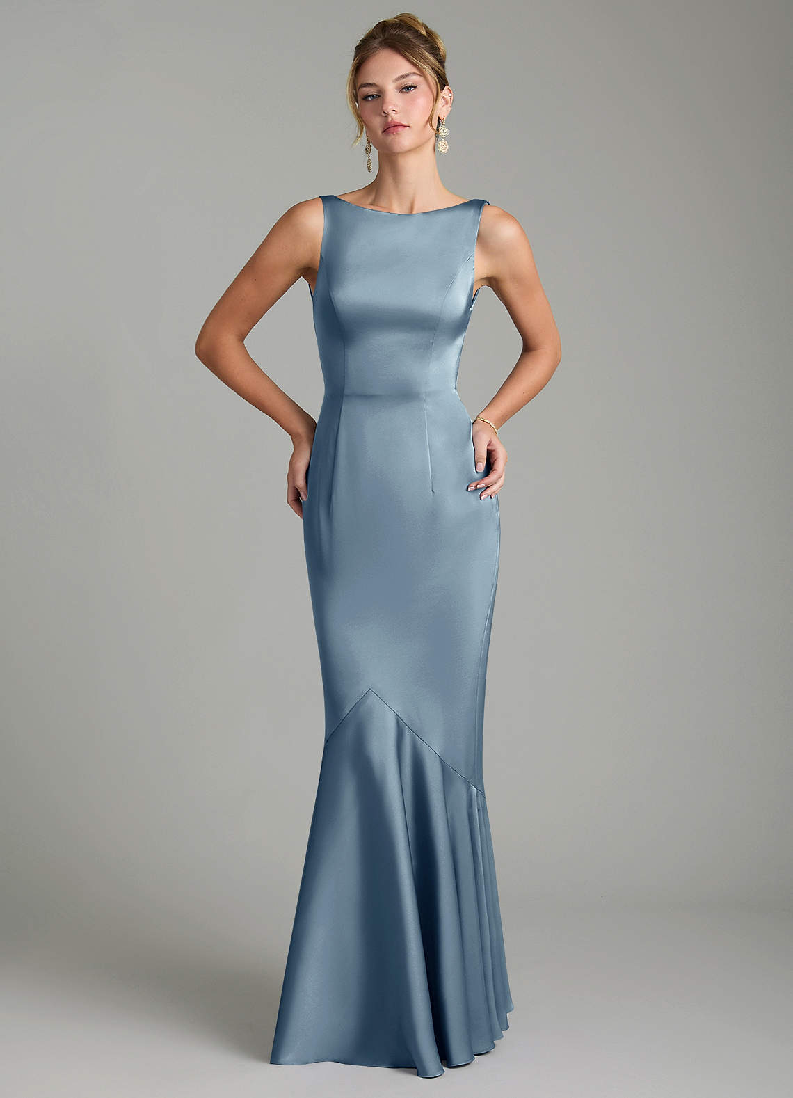 Tamera Mermaid Boat-Neck Stretch Satin and Chiffon Bridesmaid Dress in dusty blue