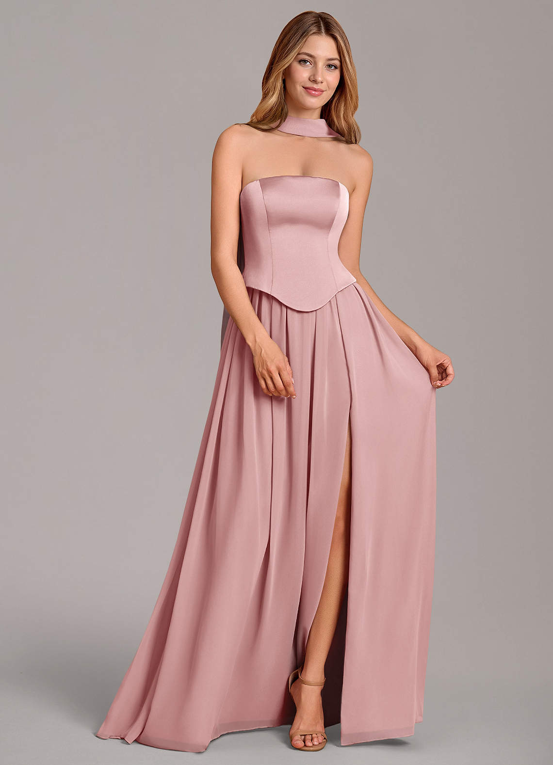 Cadence A-Line Strapless Chiffon and Stretch Satin Bridesmaid Dress in dusty rose