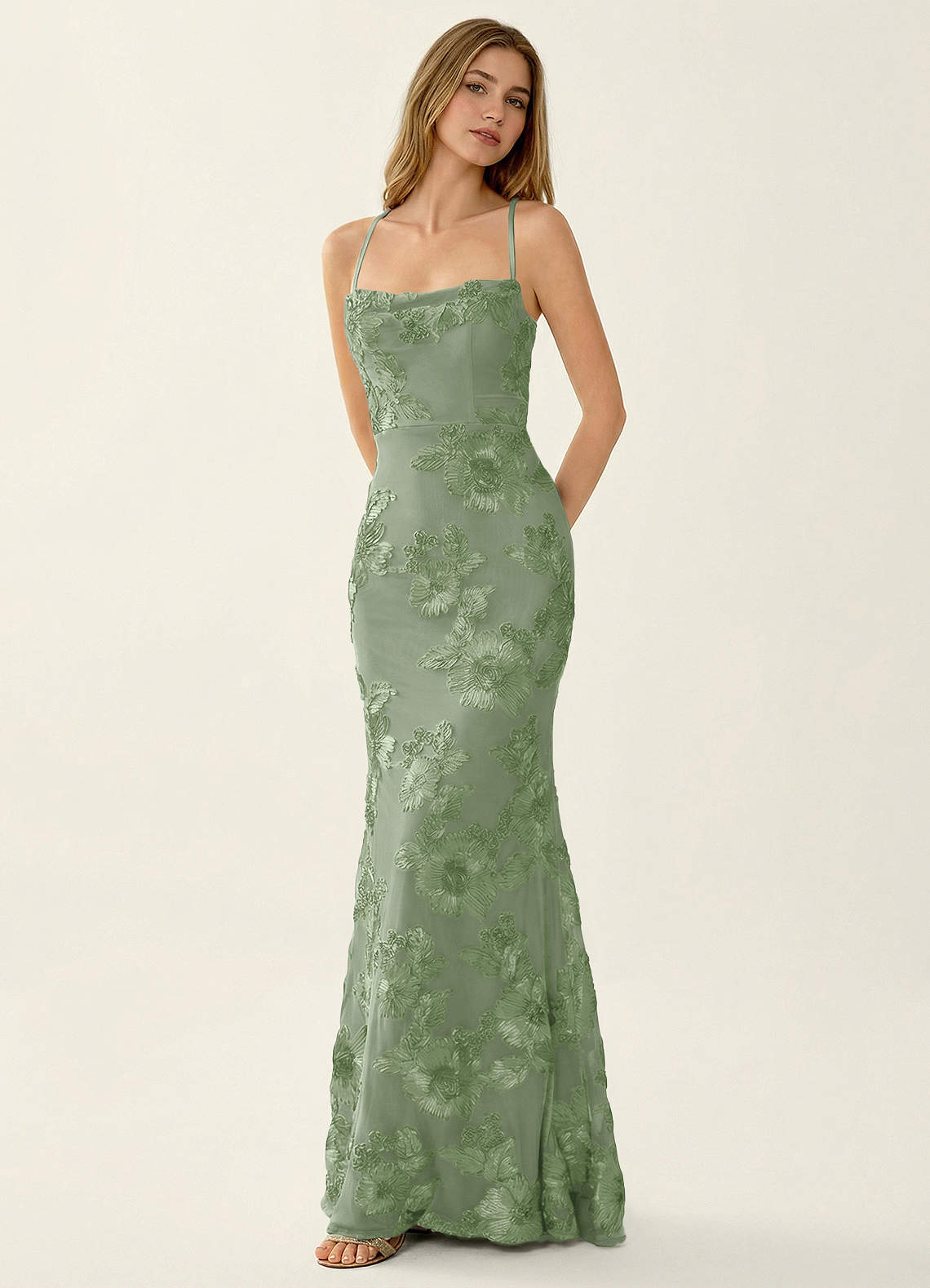 Kailani Mermaid Spaghetti-Strap Lace Evening Dress in Sage