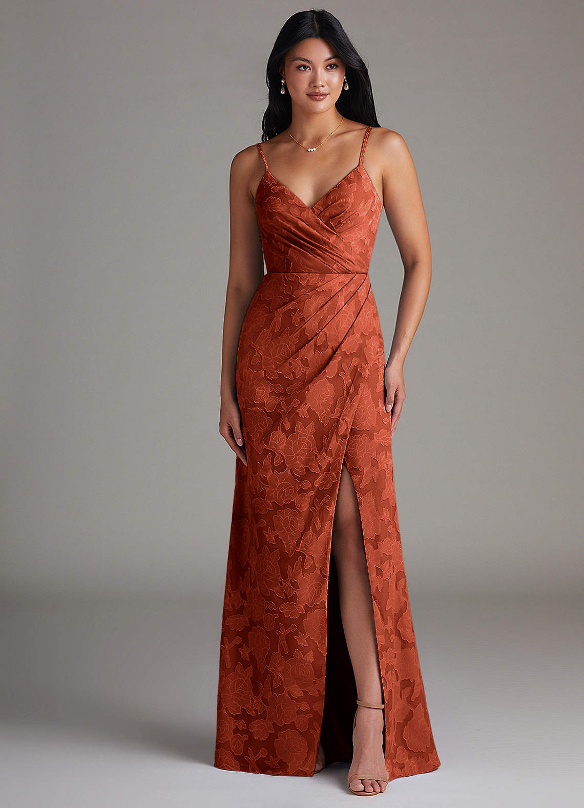 Maci Sheath V-Neck Floral Burnout Bridesmaid Dress in Auburn