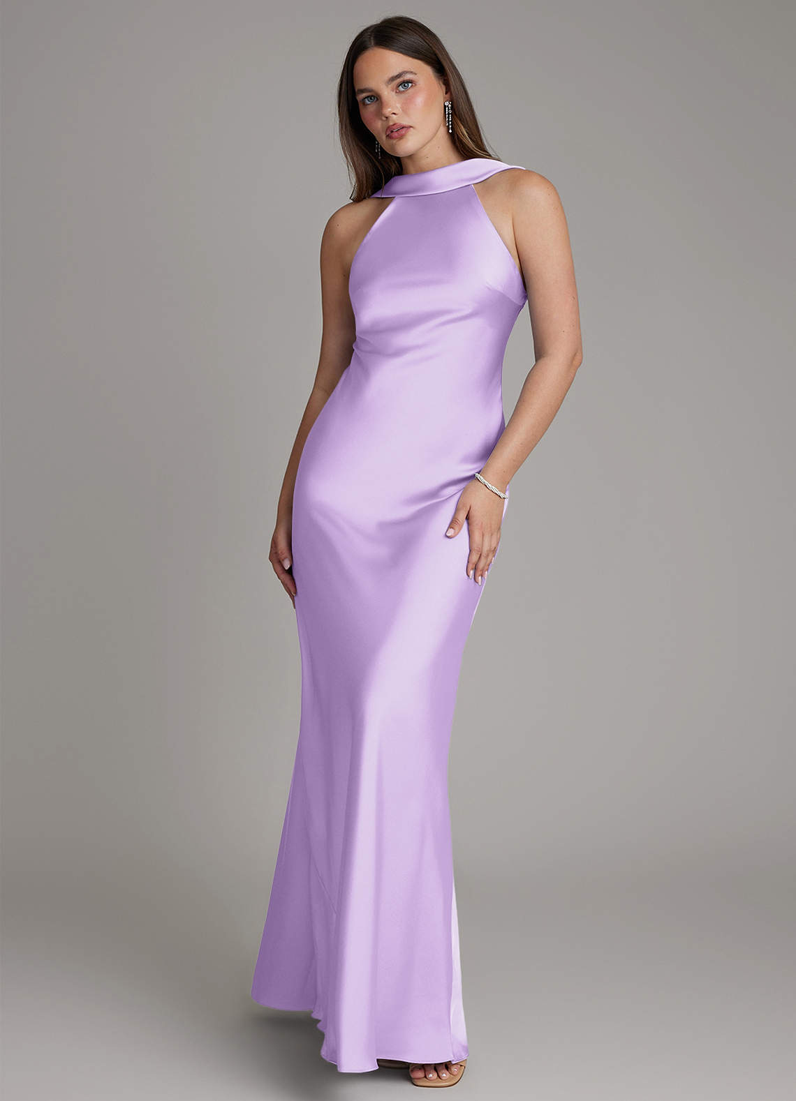 Dimitra Sheath Halter Stretch Satin Bridesmaid Dress in Lilac