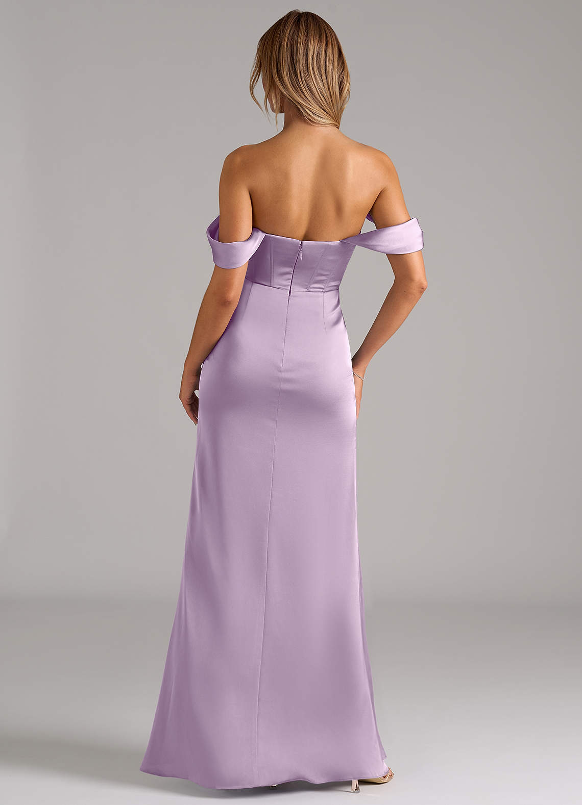 Johana Mermaid Off-the-Shoulder Stretch Satin Bridesmaid Dress in Frosted Lilac