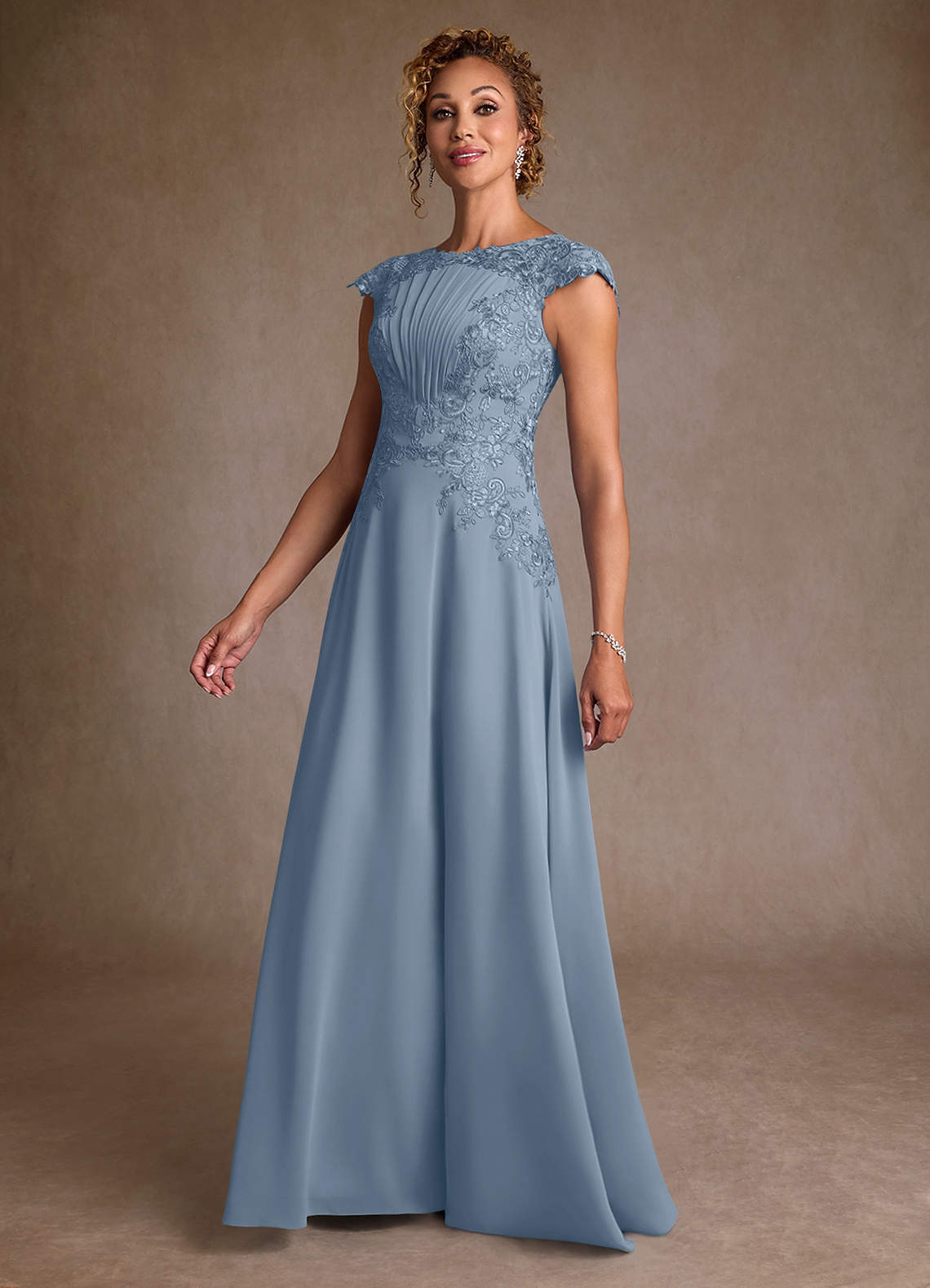 Christi A-Line Scoop-Neck Chiffon and Lace Mother of the Bride Dress in dusty blue