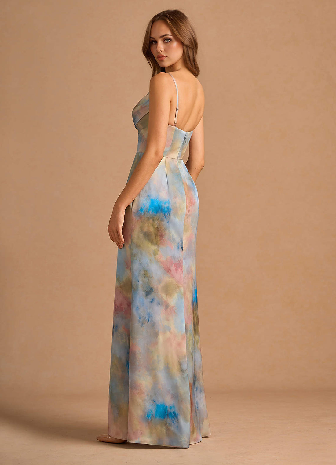Aimee Cowl-Neck Spaghetti-Strap Floral Jacquard Wedding Guest Dress in Watercolor