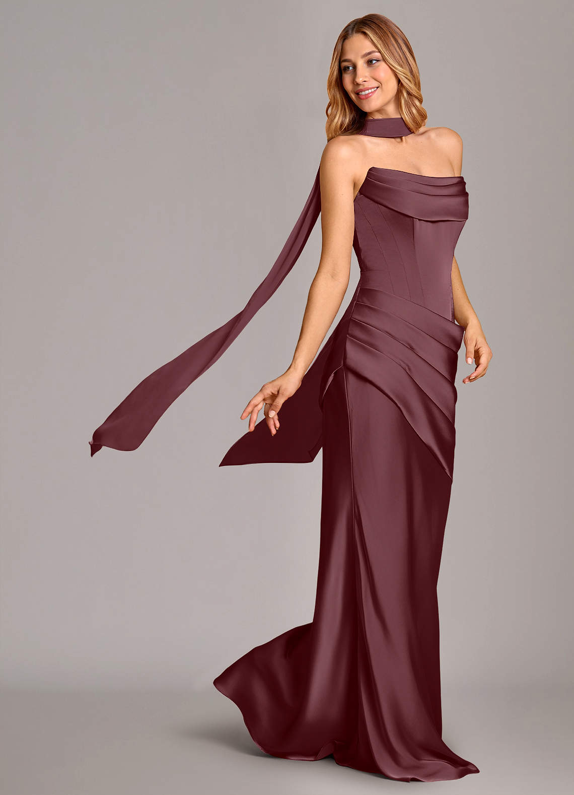 Pelagia Mermaid Cowl-Neck Stretch Satin Bridesmaid Dress in Sangria