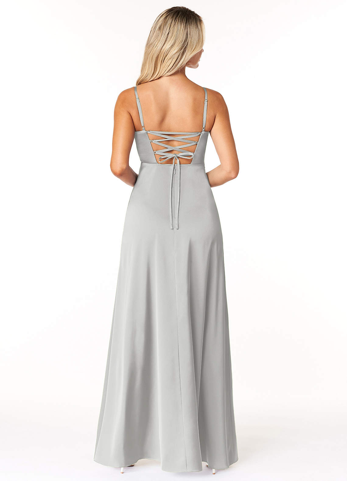 Marchella A-Line V-Neck Stretch Satin Bridesmaid Dress in Silver