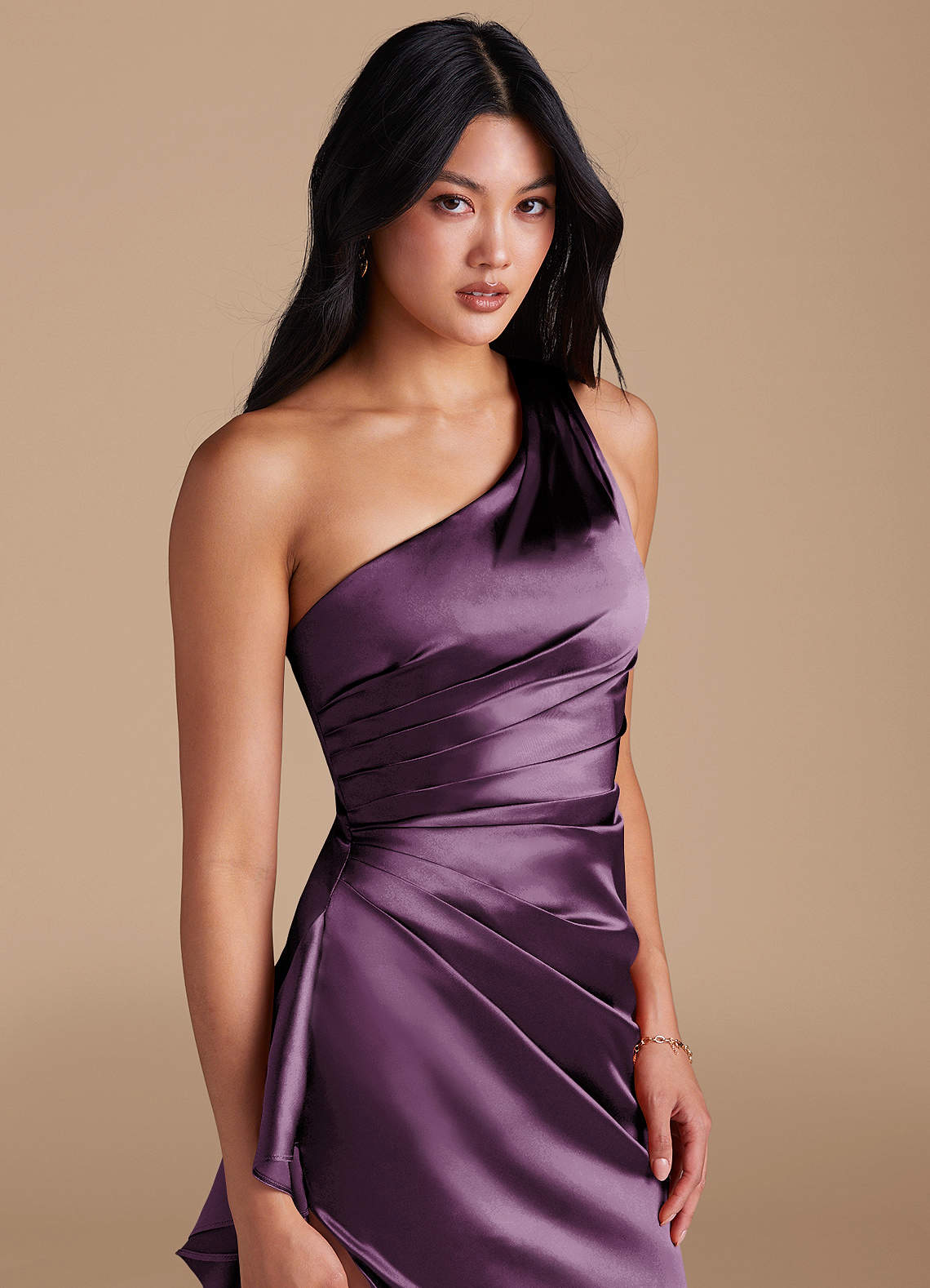 Latrice Sheath One-Shoulder Metallic Satin Bridesmaid Dress in Plum