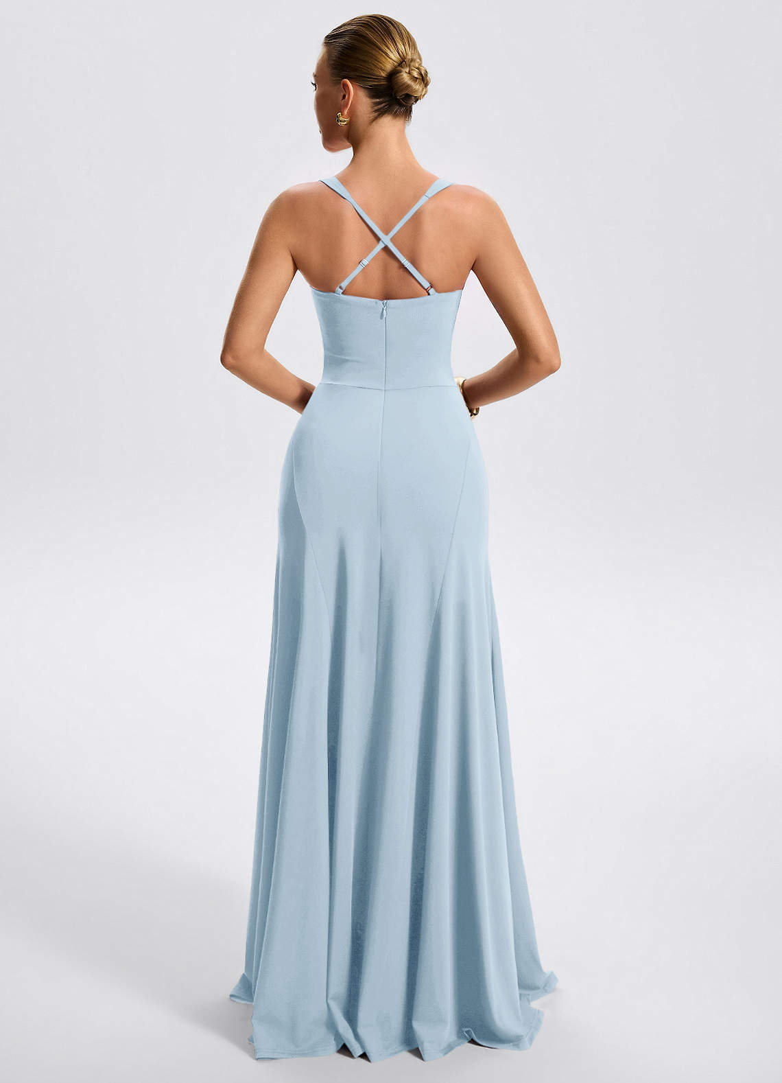 Zephira Fitted Sweetheart Godet Stretch Jersey Wedding Guest Dress in Sky Blue