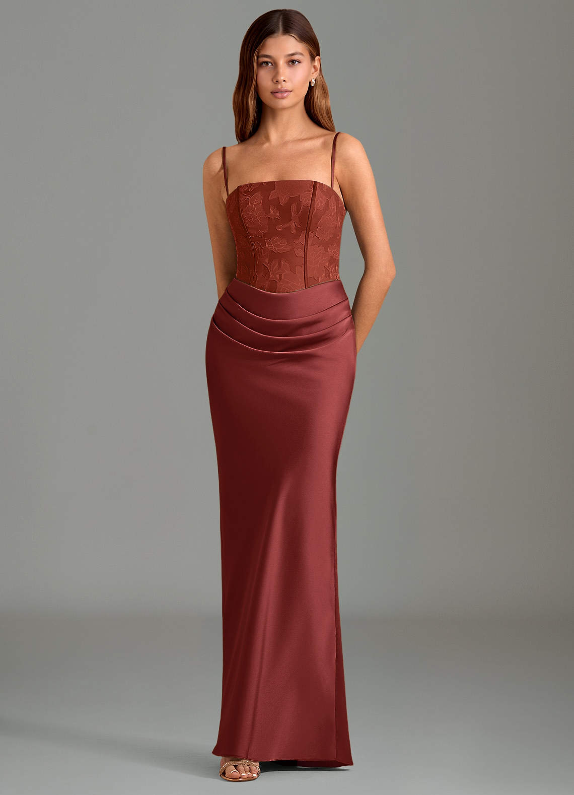 Emilia Mermaid Strapless Stretch Satin and Floral Burnout Bridesmaid Dress in Terracotta