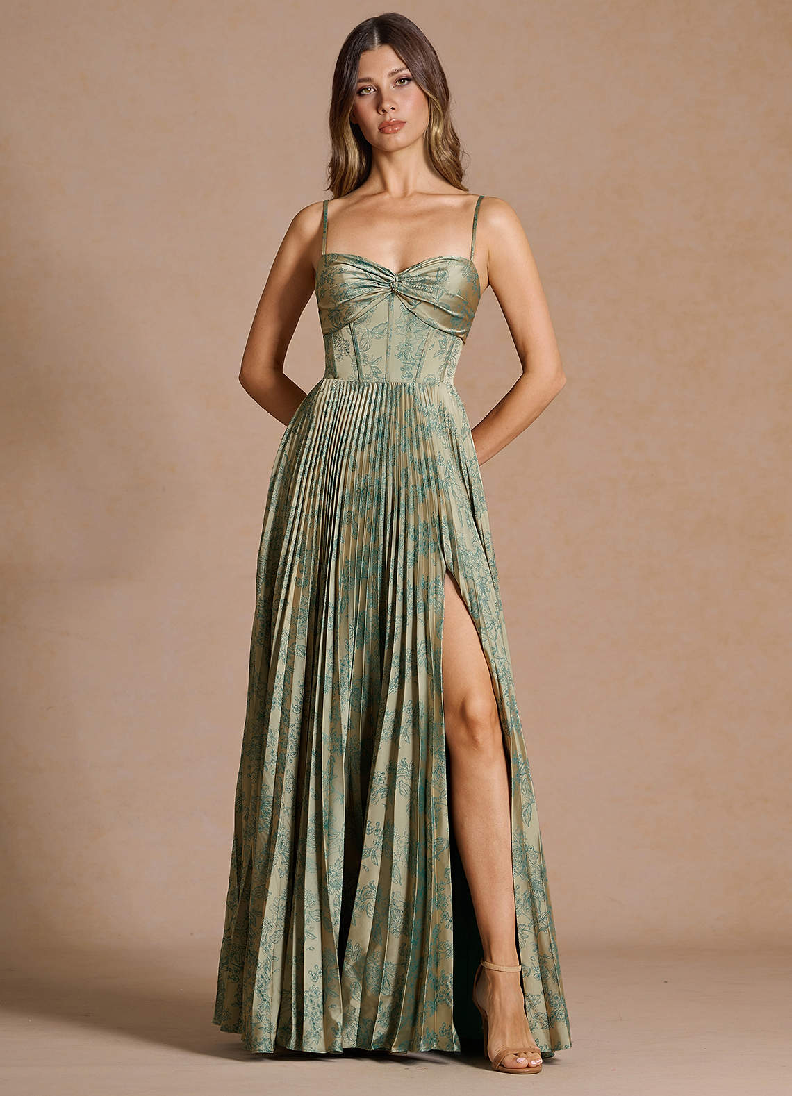 Vesper Pleated Knot-Neck Jacquard Wedding Guest Dress in Platinum Teal
