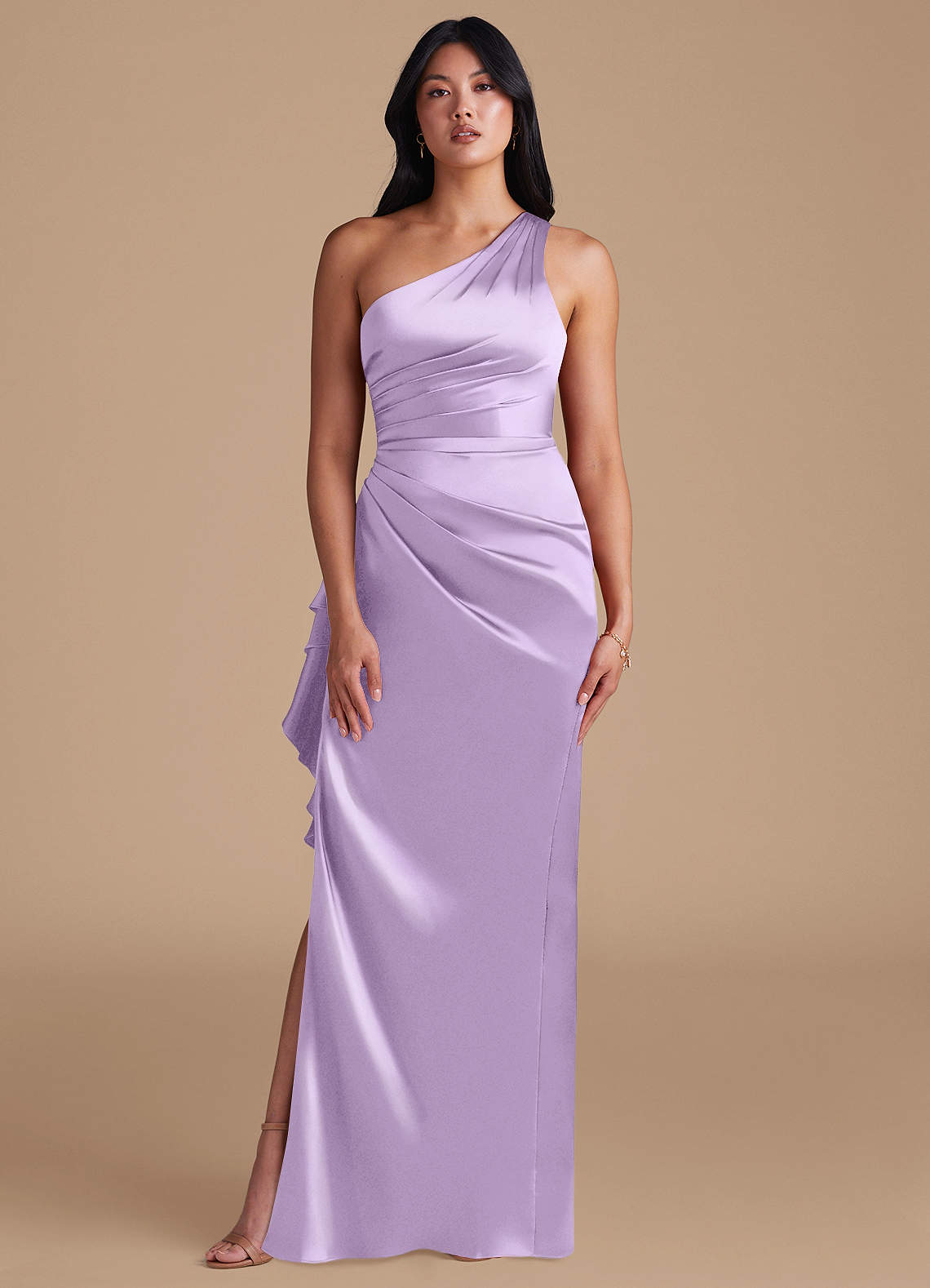 Latrice Sheath One-Shoulder Metallic Satin Bridesmaid Dress in Lilac